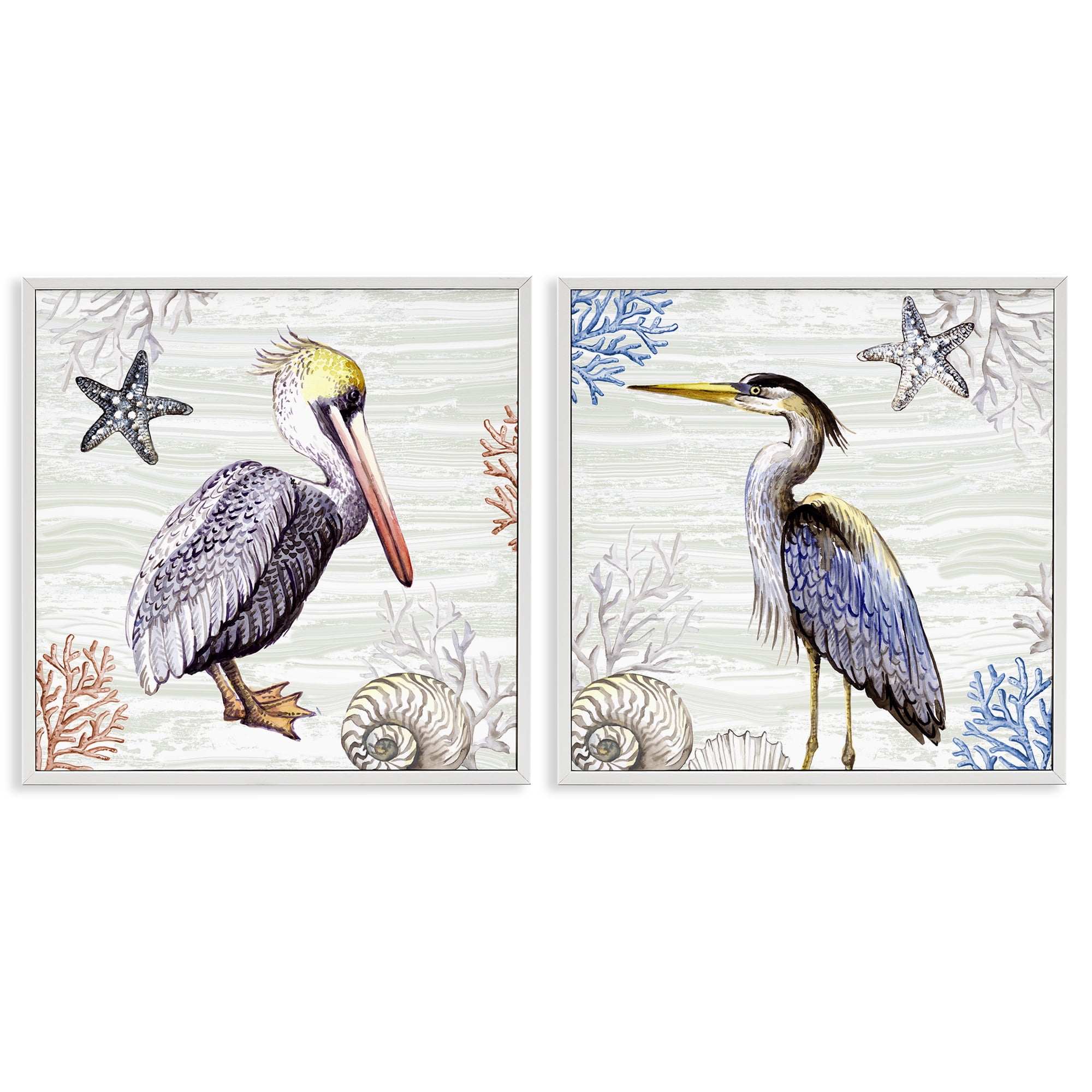 Stupell Industries Coastal Pelican & Heron Animals Painting White Framed Art Print Wall Art, 17 x 17, Set of 2