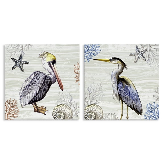 Stupell Industries Coastal Pelican & Heron Animals Painting Wrapped Canvas Art Print Wall Art, 17 x 17, Set of 2
