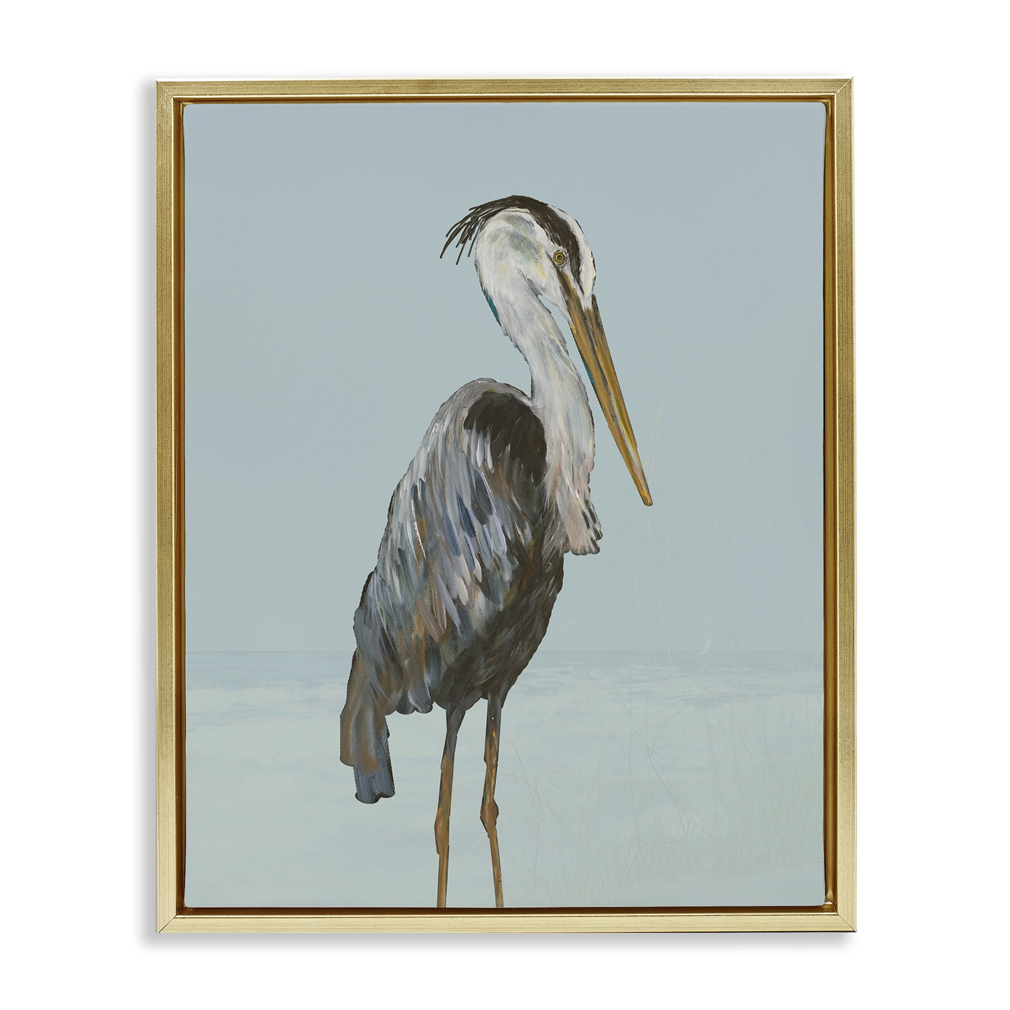 Stupell Industries Coastal Pelican Muted Blue Gold Framed Floater Canvas Wall Art, design by Julie DeRice