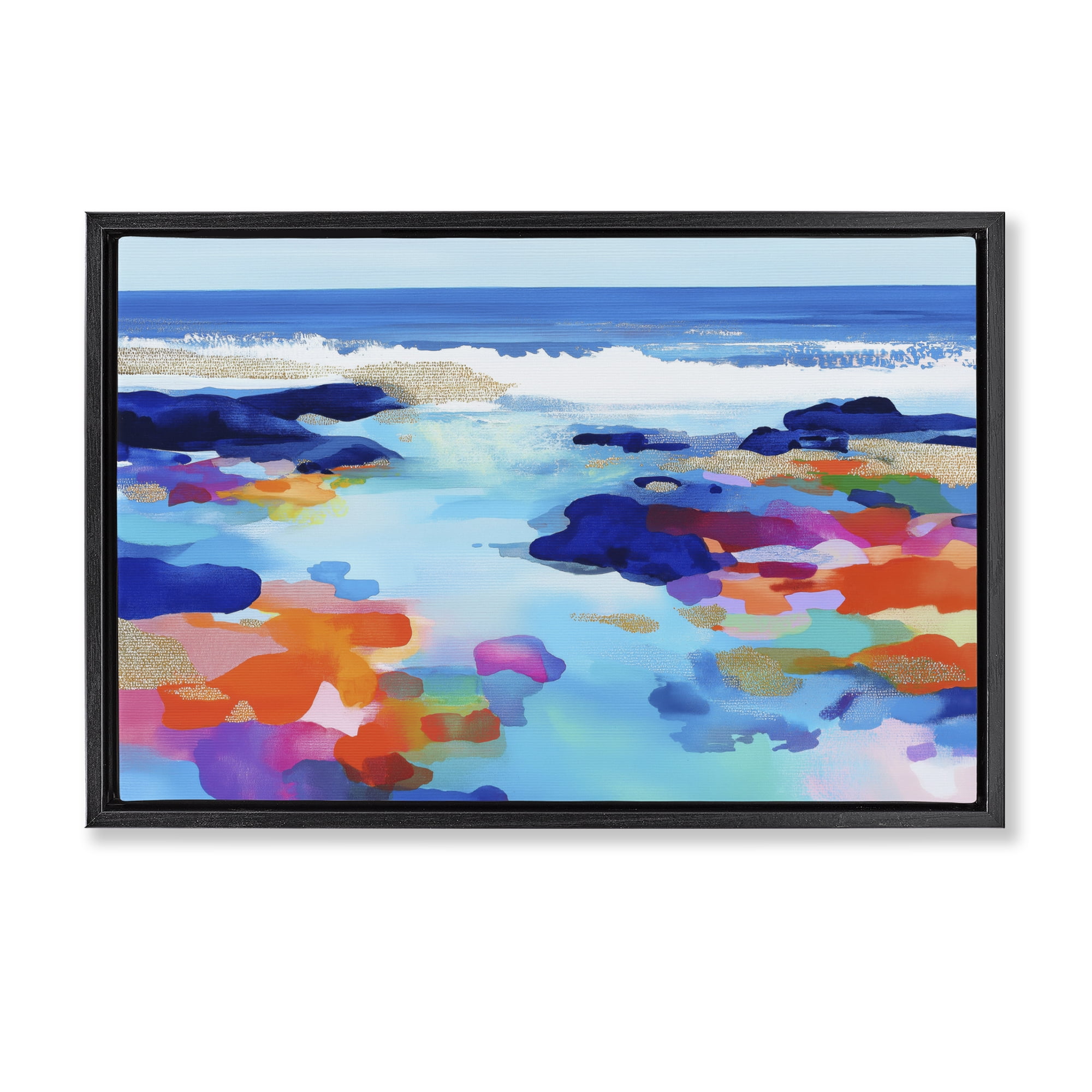 Stupell Industries Coastal Pools Overlay Abstraction Black Framed Floater Canvas Wall Art, design by Chromatic Storm Studio