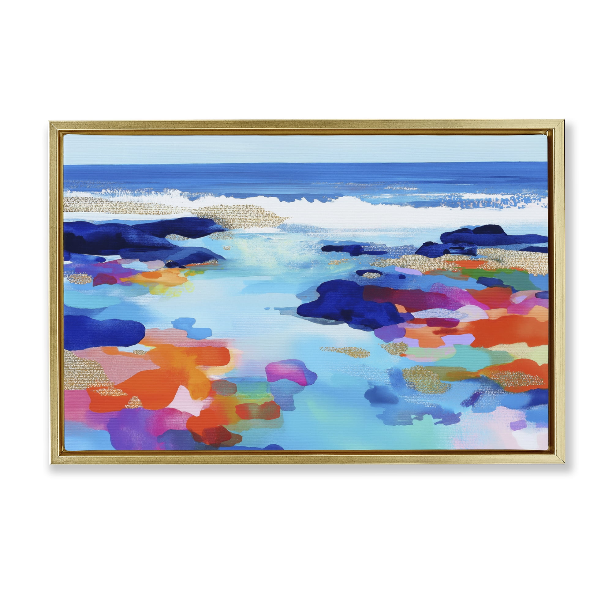 Stupell Industries Coastal Pools Overlay Abstraction Gold Framed Floater Canvas Wall Art, design by Chromatic Storm Studio