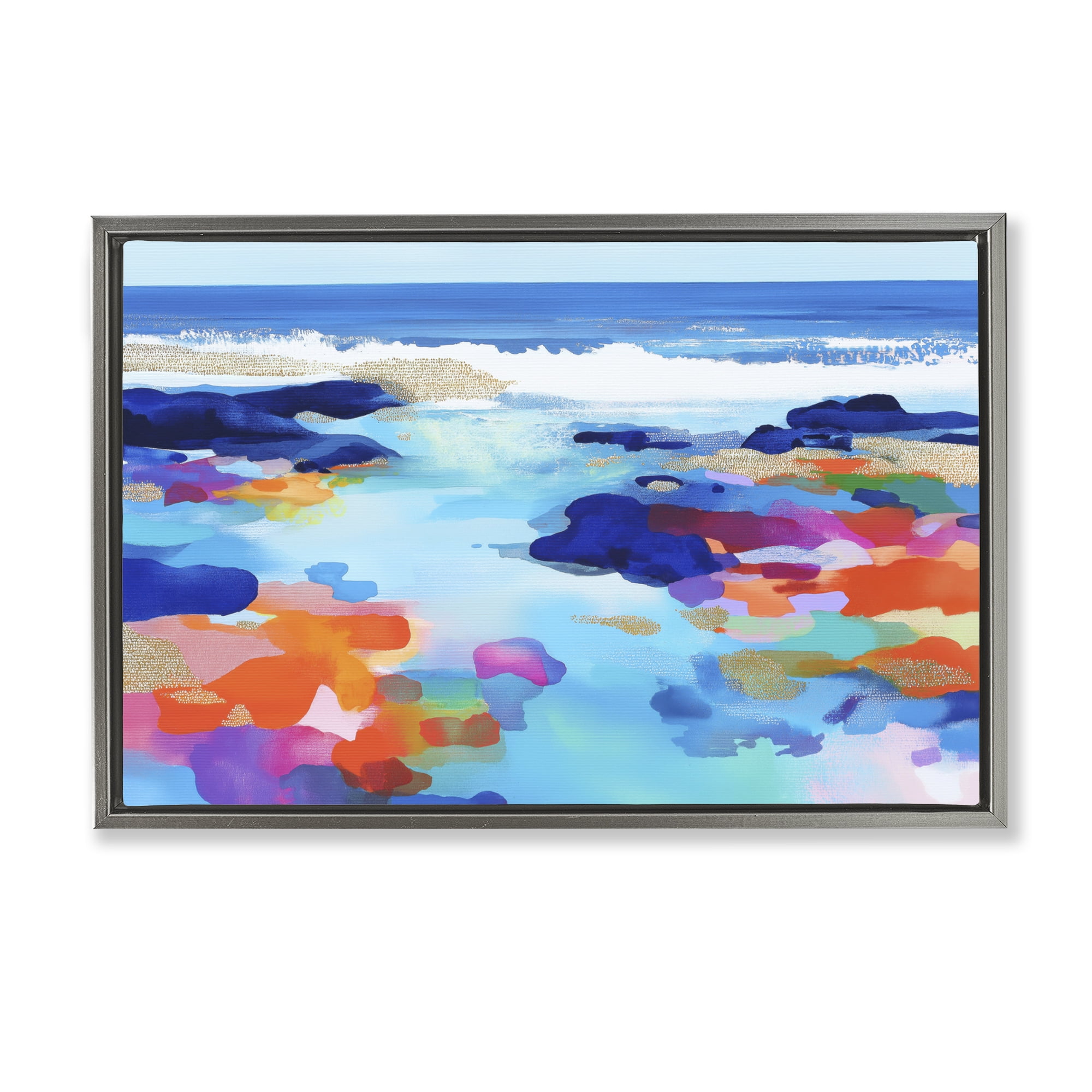 Stupell Industries Coastal Pools Overlay Abstraction Gray Framed Floater Canvas Wall Art, design by Chromatic Storm Studio