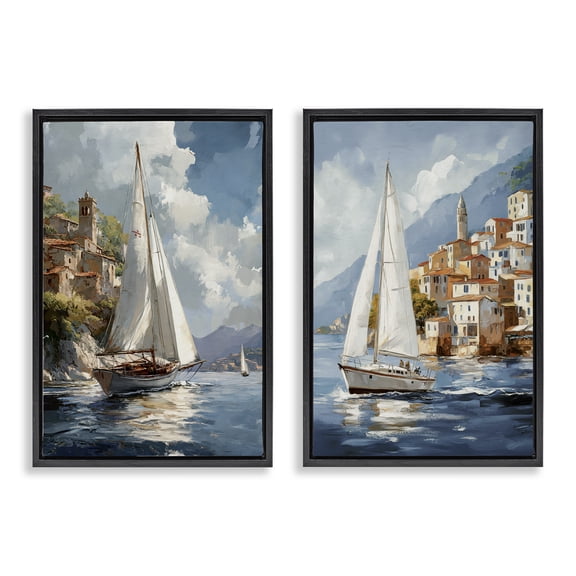 Stupell Industries Coastal Port Town Boats 2 Piece Black Framed Floater Canvas Set design by Raymond Powers, 25 x 17