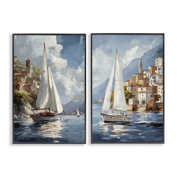Stupell Industries Coastal Port Town Boats 2 Piece Black Framed Giclee Art Set design by Raymond Powers, 18 x 12