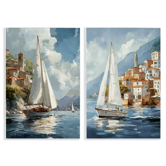 Stupell Industries Coastal Port Town Boats 2 Piece Wall Plaque Art Set design by Raymond Powers, 19 x 13