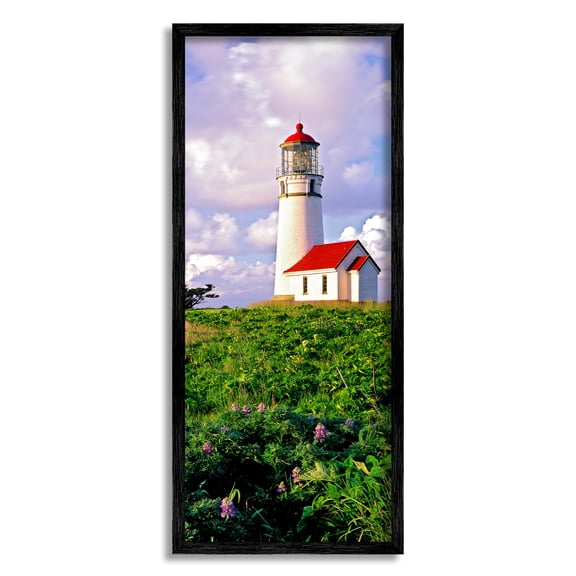 Stupell Industries Coastal Red Lighthouse Lush Garden Coastal Photography Black Framed Art Print Wall Art