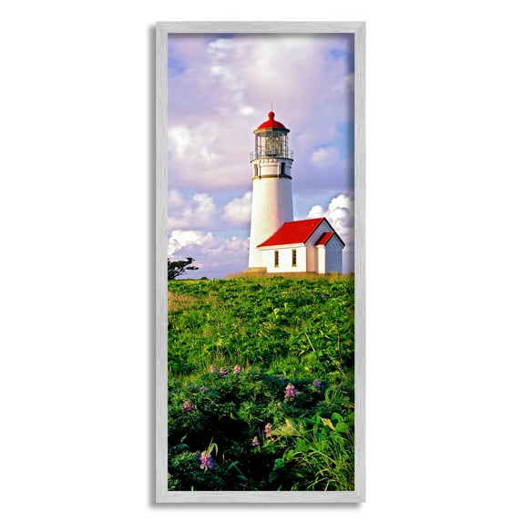 Stupell Industries Coastal Red Lighthouse Lush Garden Coastal Photography Gray Framed Art Print Wall Art