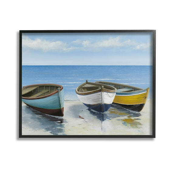 Stupell Industries Coastal Rowboats on Shore Transportation Painting Black Framed Art Print Wall Art, 14 x 11