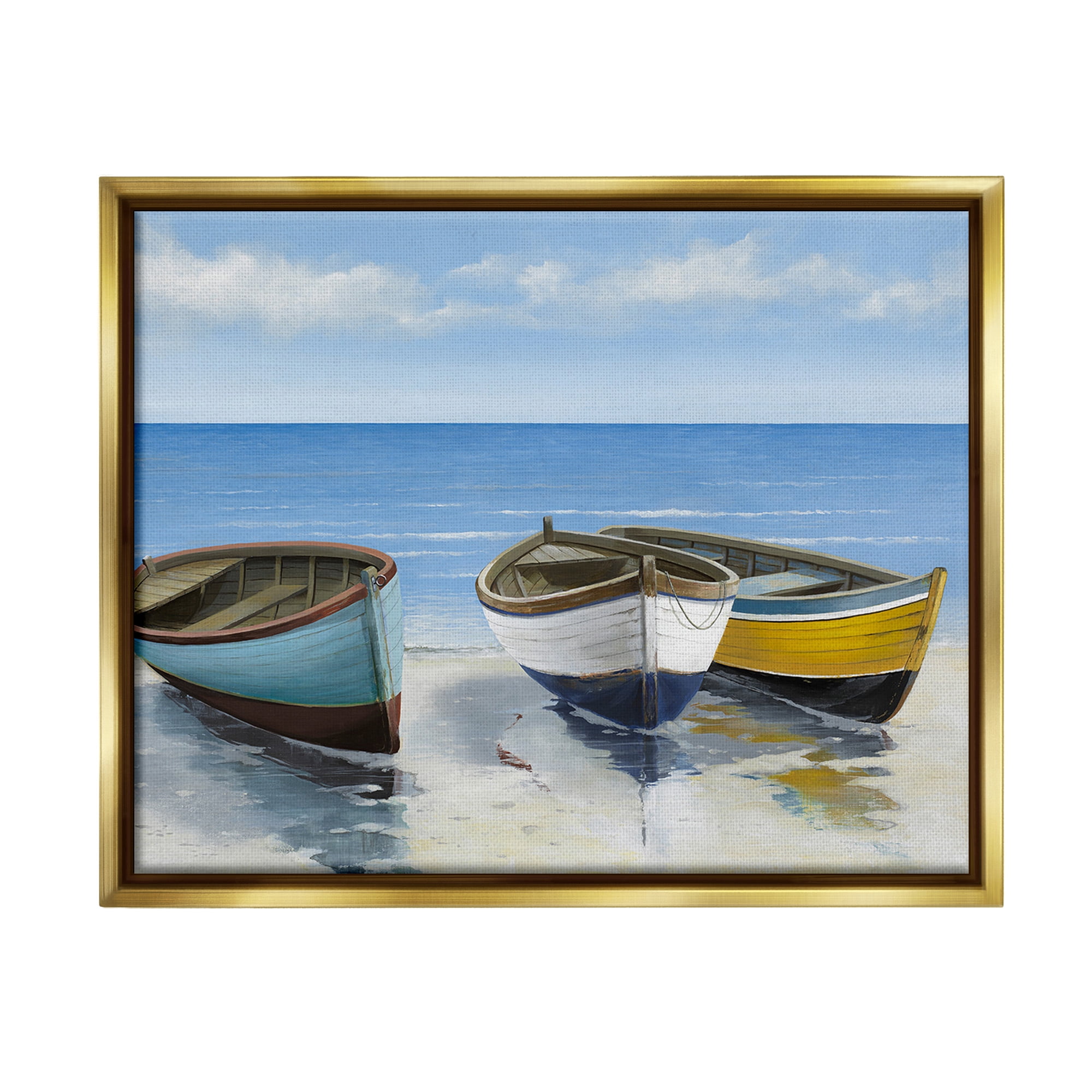 Stupell Industries Coastal Rowboats on Shore Transportation Painting Gold Floater Framed Canvas Art Print Wall Art, 21 x 17