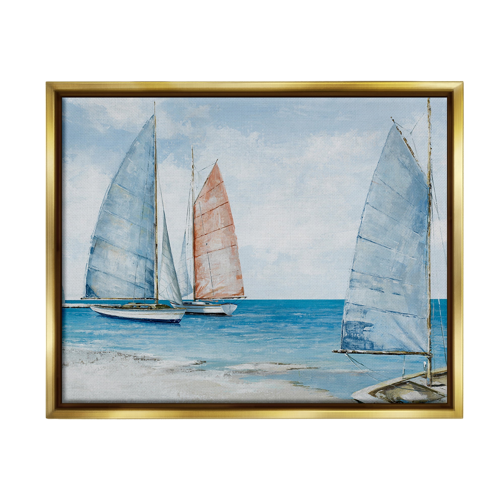 Stupell Industries Coastal Sailboat Fleet Transportation Painting Gold Floater Framed Canvas Art Print Wall Art, 21 x 17