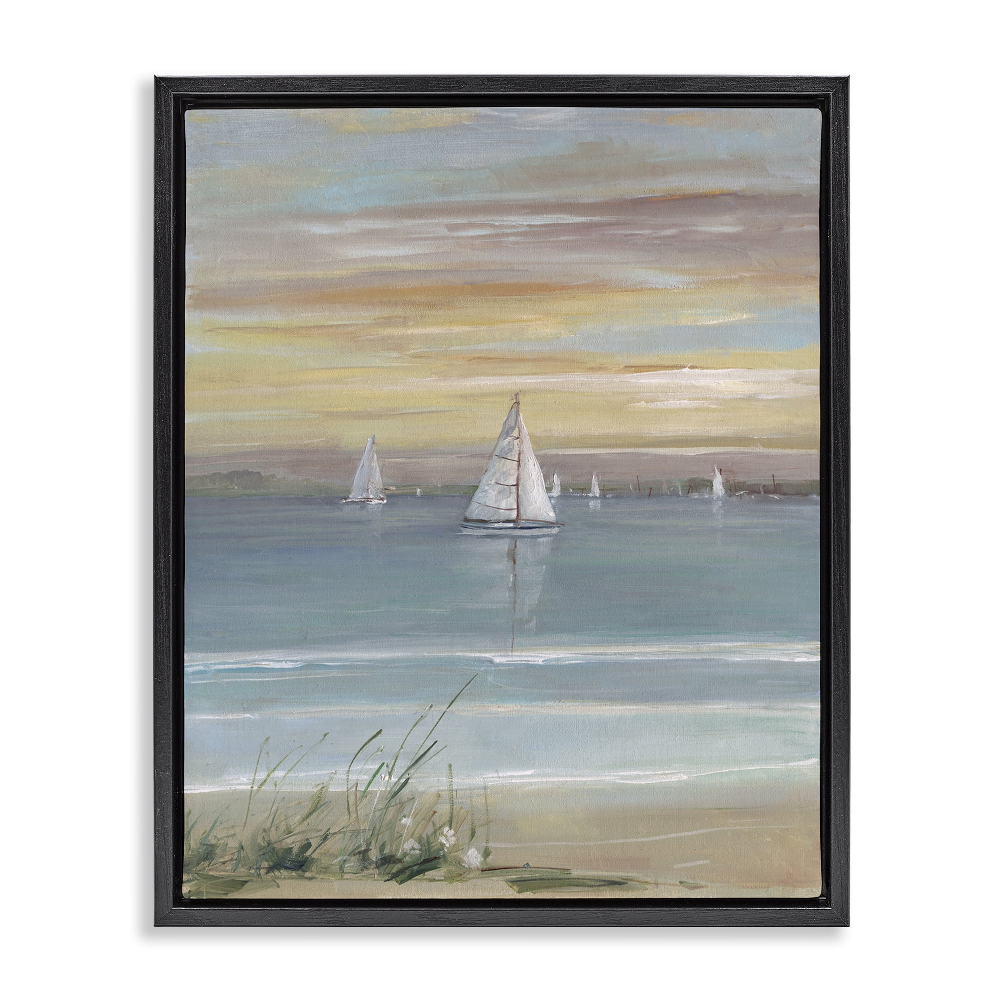 Stupell Industries Coastal Sailboats At Twilight Black Framed Floater Canvas Wall Art, design by Sally Swatland