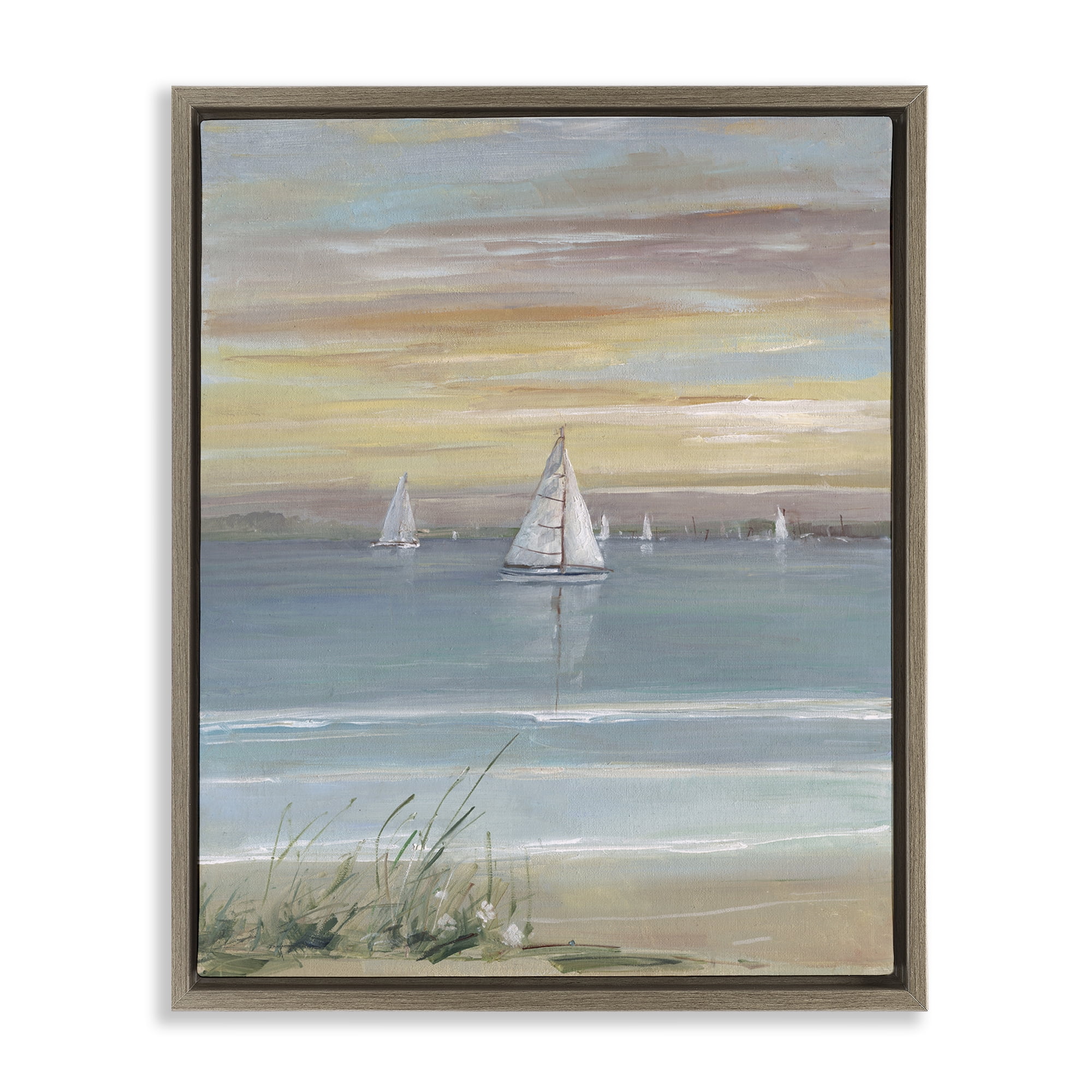 Stupell Industries Coastal Sailboats At Twilight Brown Framed Floater Canvas Wall Art, design by Sally Swatland