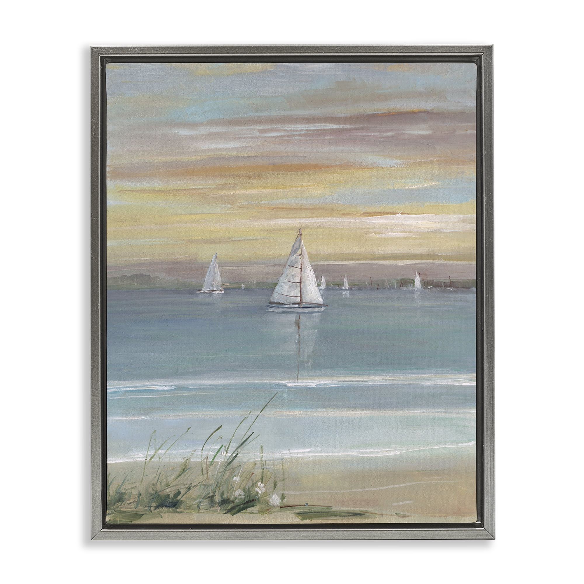 Stupell Industries Coastal Sailboats At Twilight Gray Framed Floater Canvas Wall Art, design by Sally Swatland