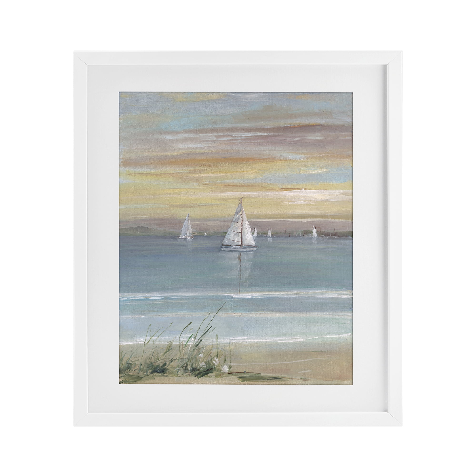 Stupell Industries Coastal Sailboats At Twilight White Framed Print Under Glass, design by Sally Swatland
