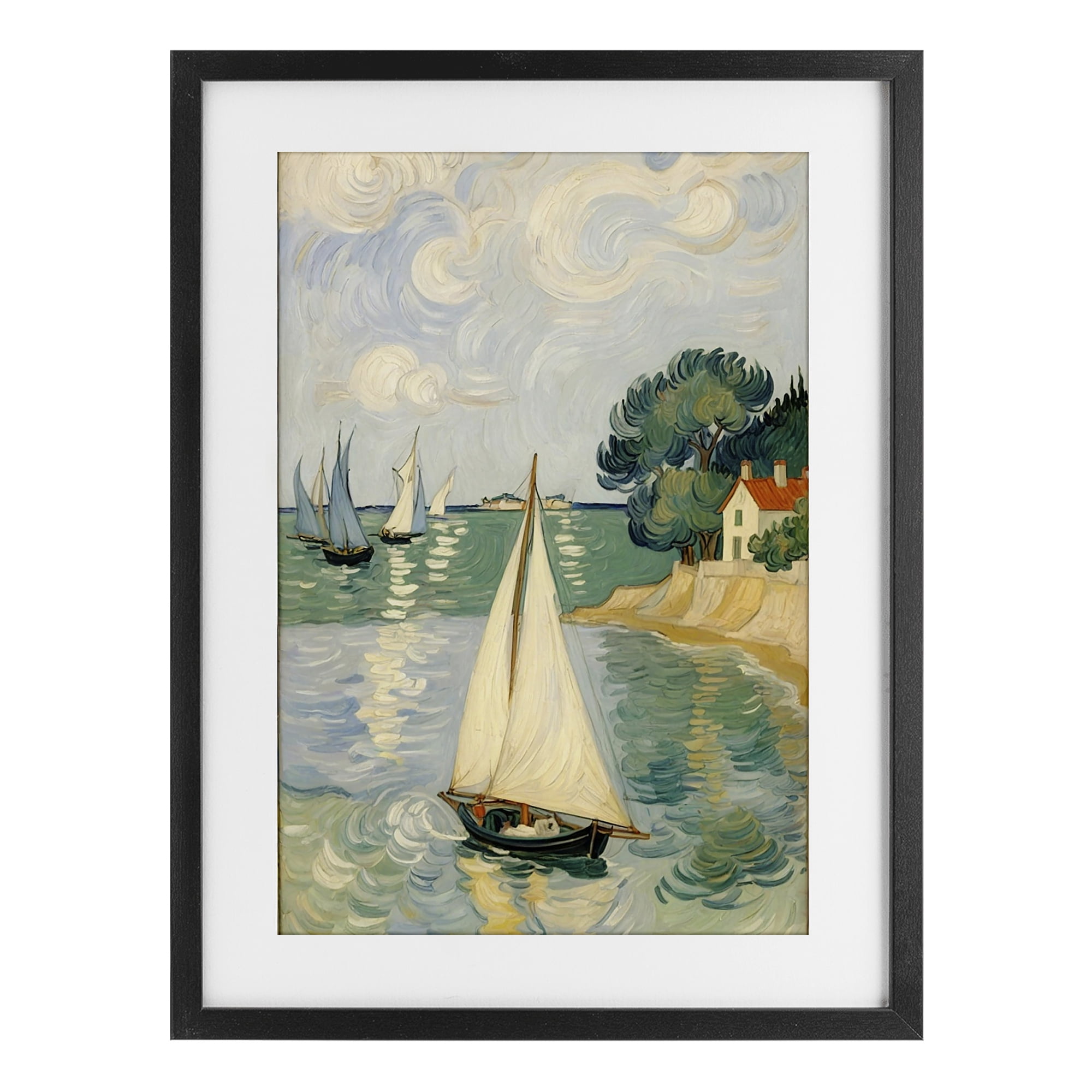 Stupell Industries Coastal Sailboats Under Swirling Clouds Black Framed Print Under Glass, design by Angie Hawke
