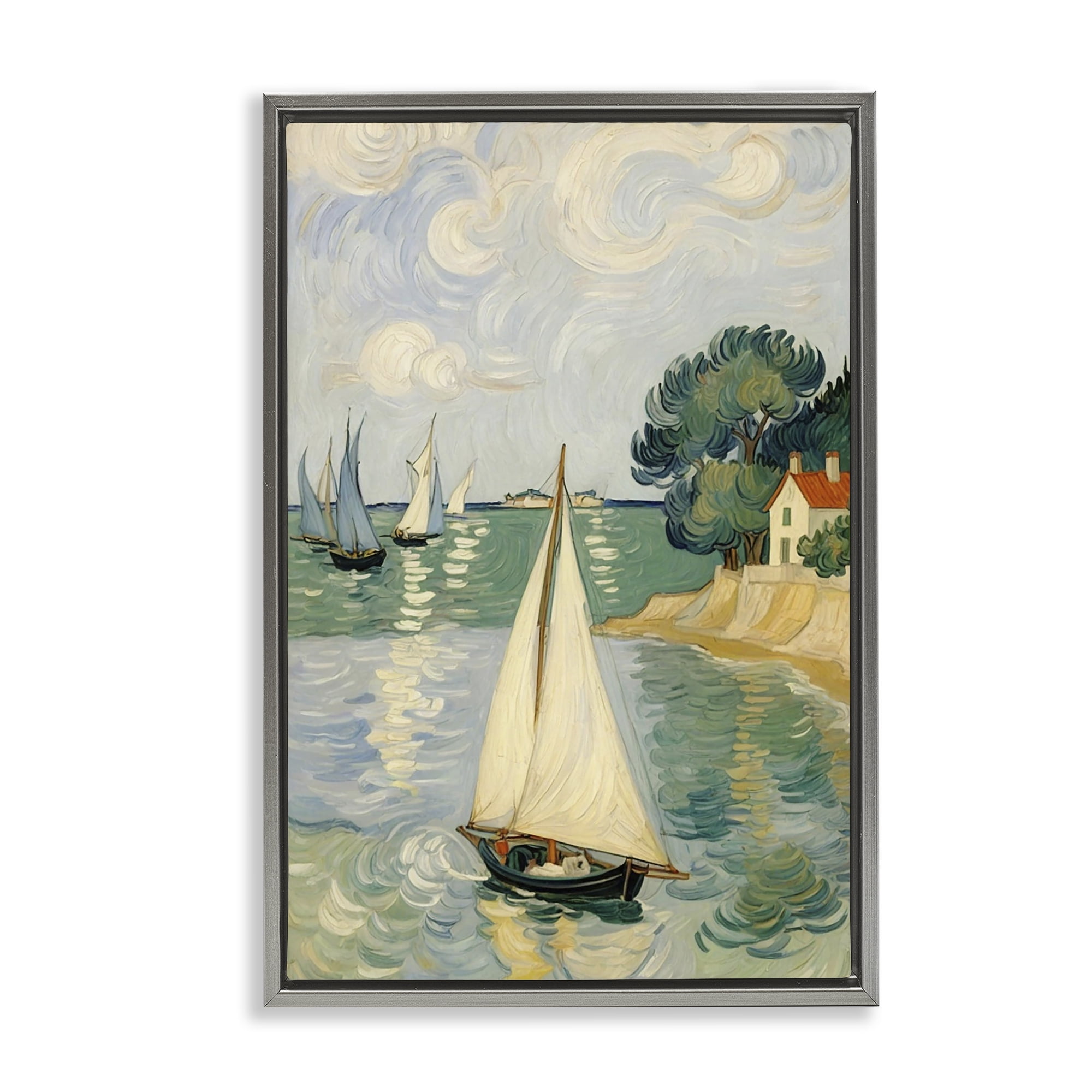 Stupell Industries Coastal Sailboats Under Swirling Clouds Gray Framed Floater Canvas Wall Art, design by Angie Hawke