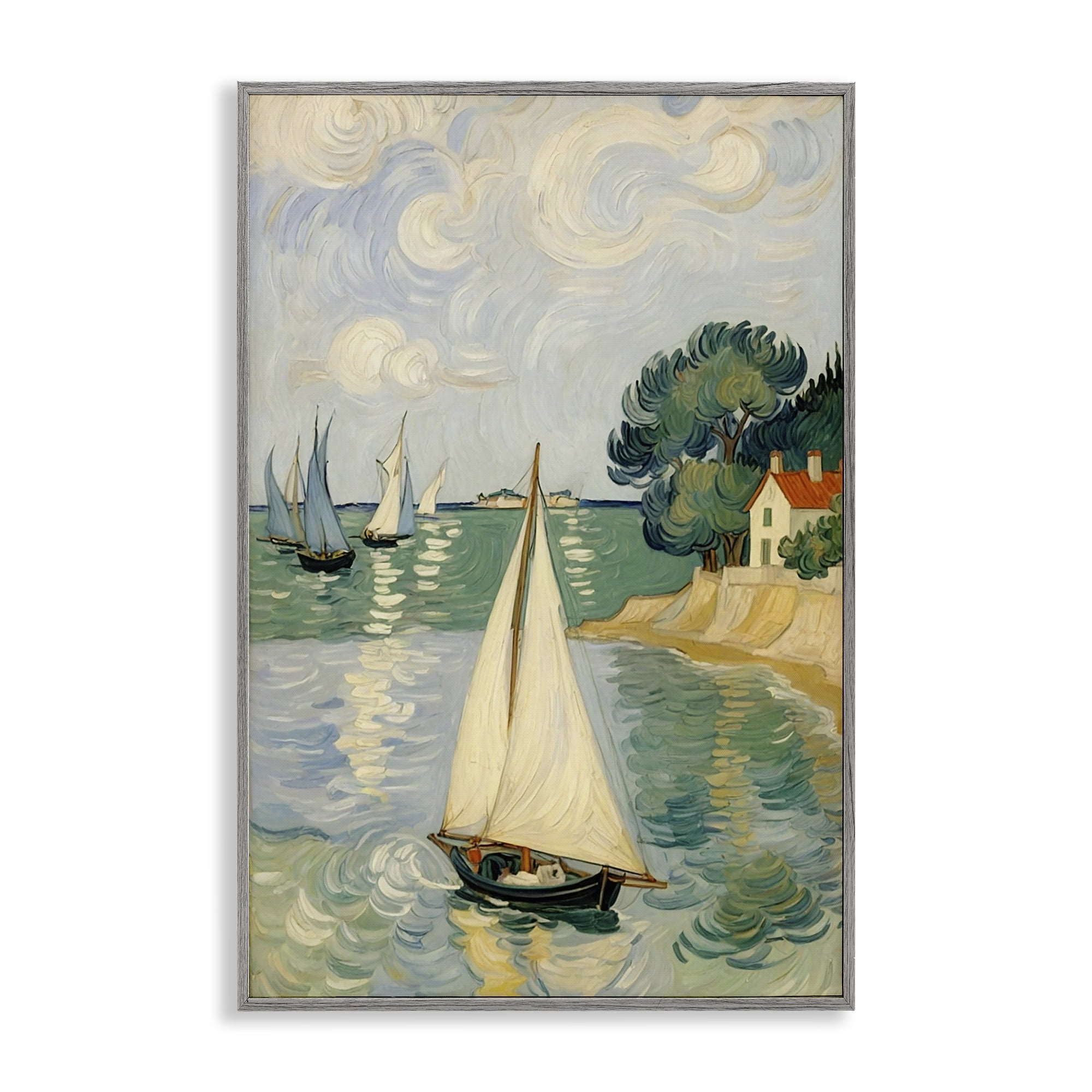 Stupell Industries Coastal Sailboats Under Swirling Clouds Gray Framed Giclee Art, design by Angie Hawke