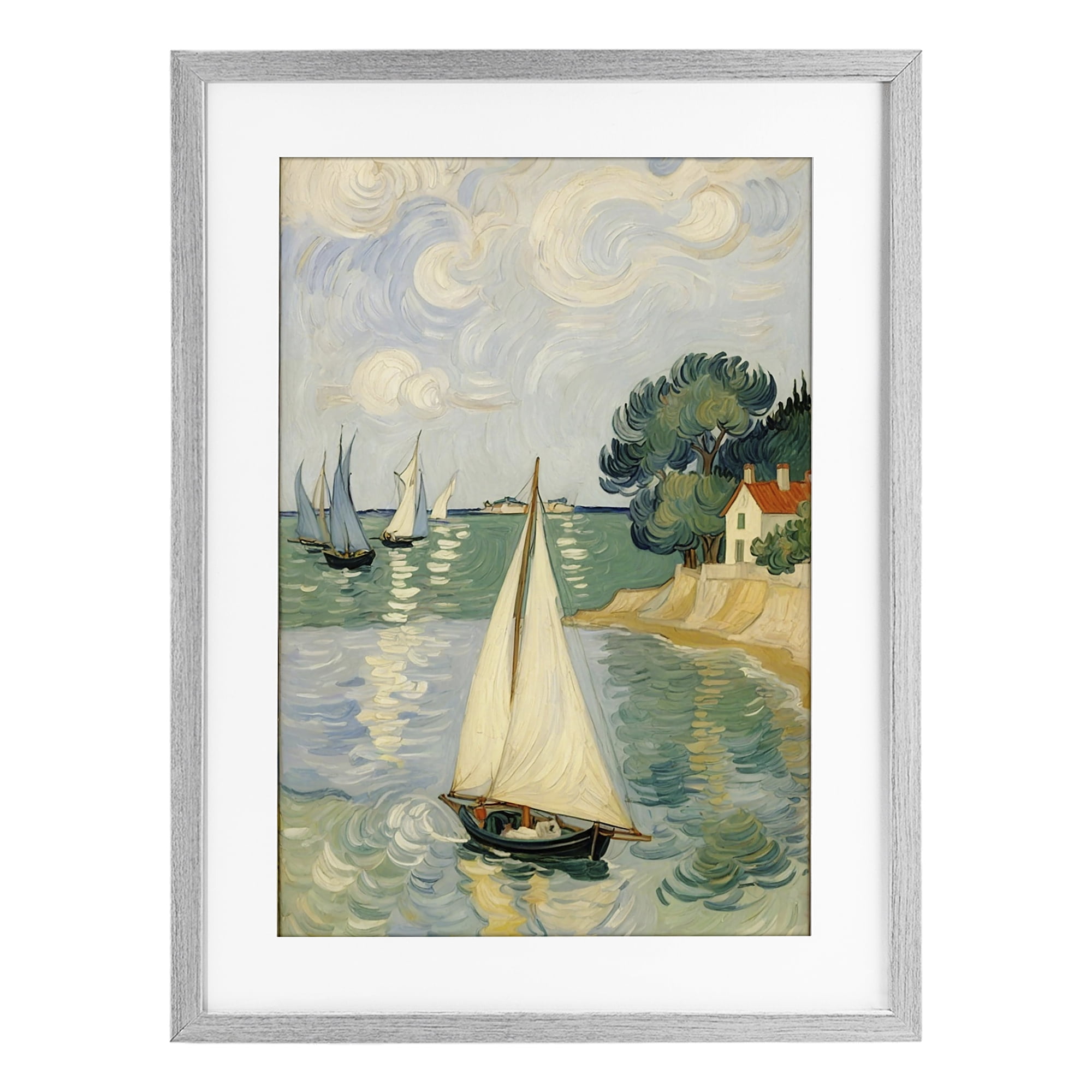 Stupell Industries Coastal Sailboats Under Swirling Clouds Gray Framed Print Under Glass, design by Angie Hawke