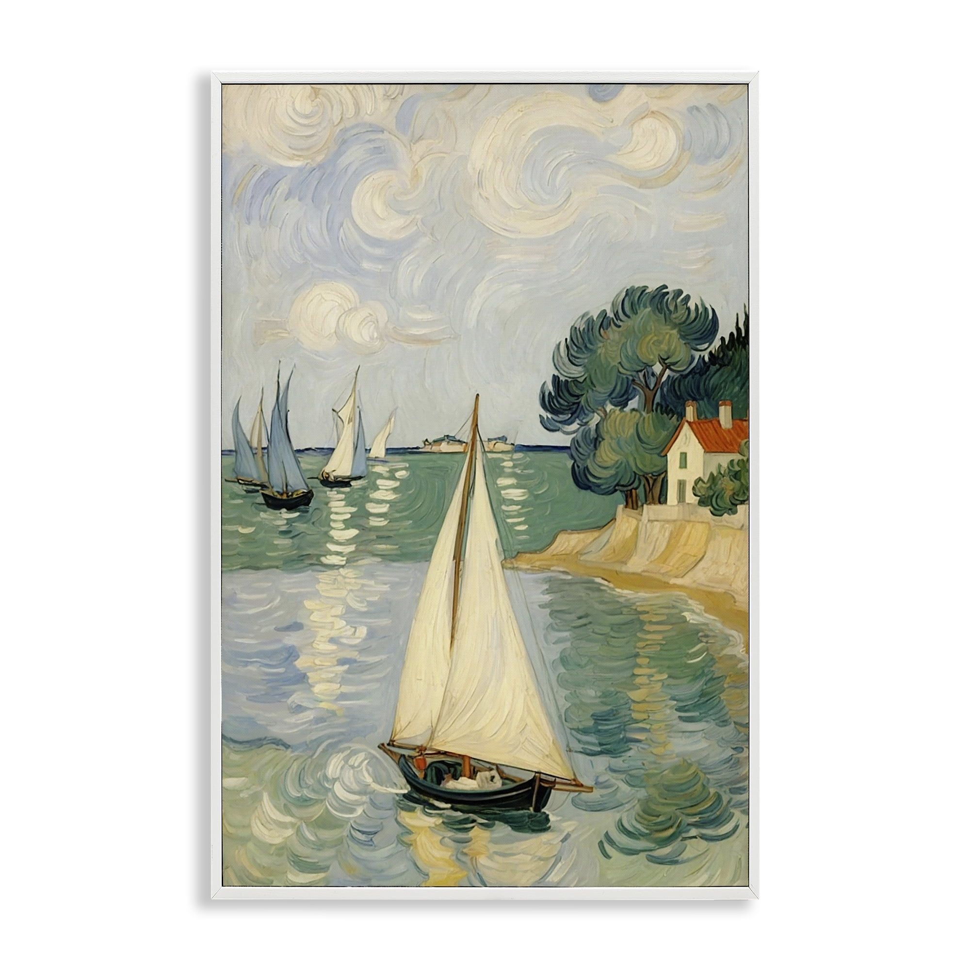 Stupell Industries Coastal Sailboats Under Swirling Clouds White Framed Giclee Art, design by Angie Hawke