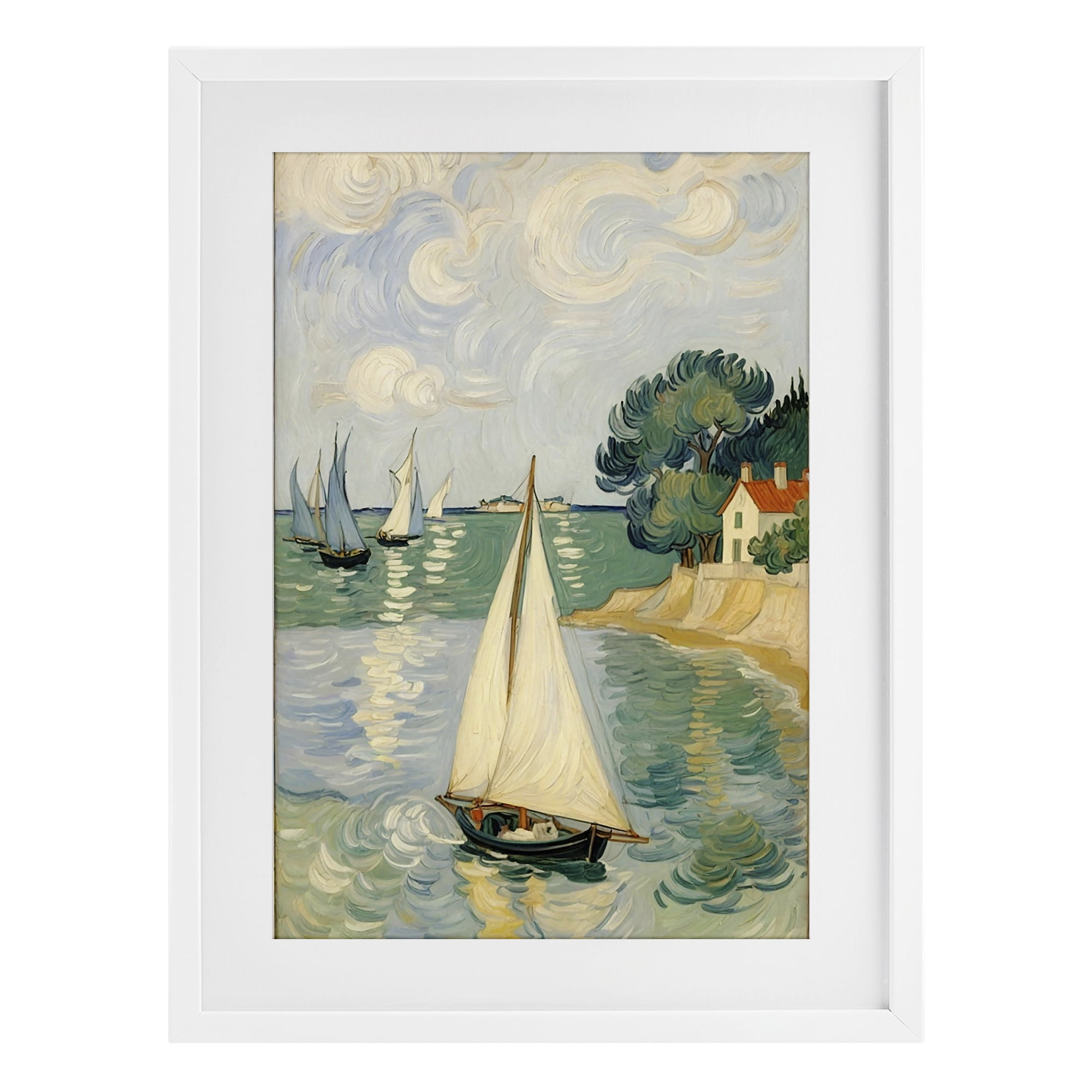 Stupell Industries Coastal Sailboats Under Swirling Clouds White Framed Print Under Glass, design by Angie Hawke