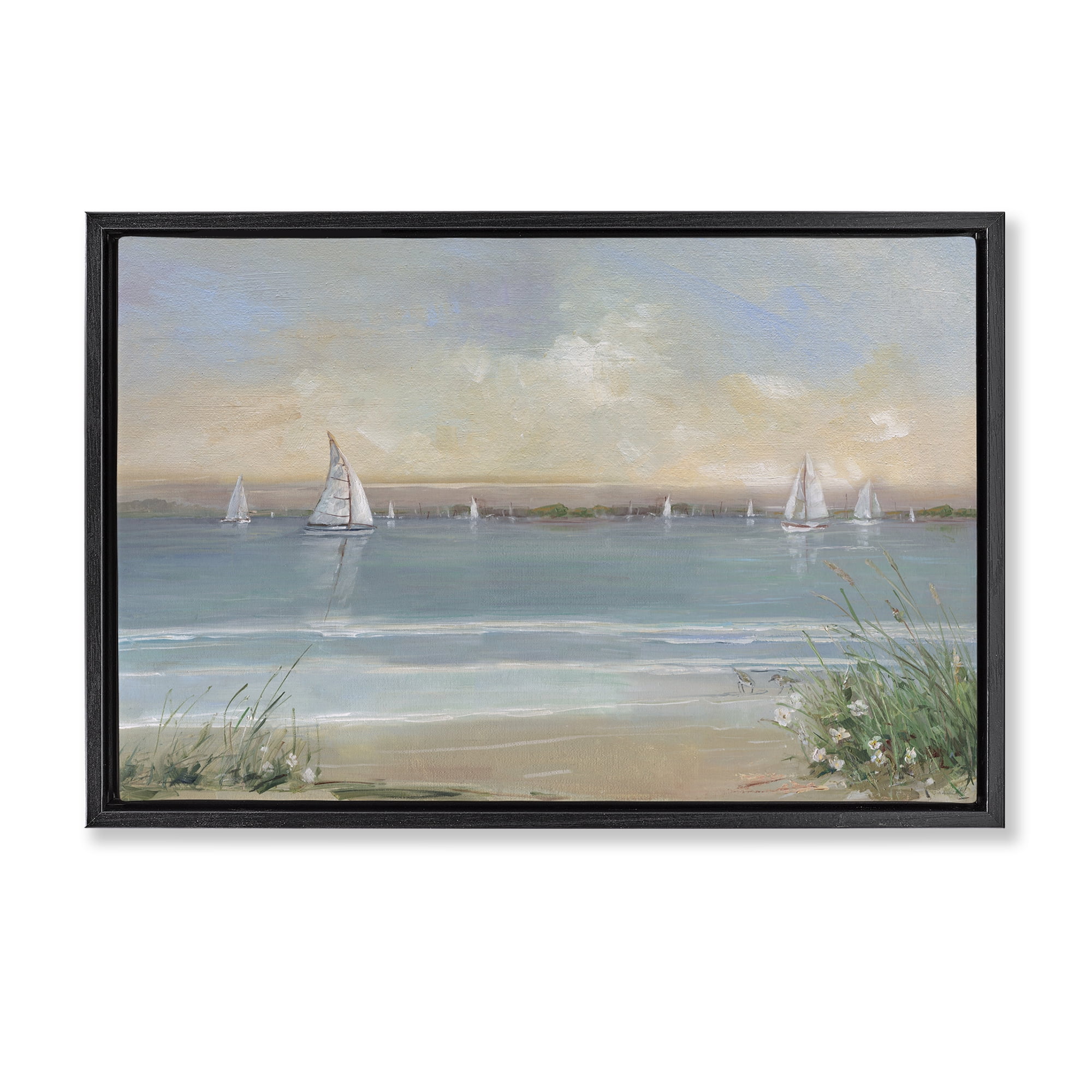 Stupell Industries Coastal Sailing At Dawn Black Framed Floater Canvas Wall Art, design by Sally Swatland