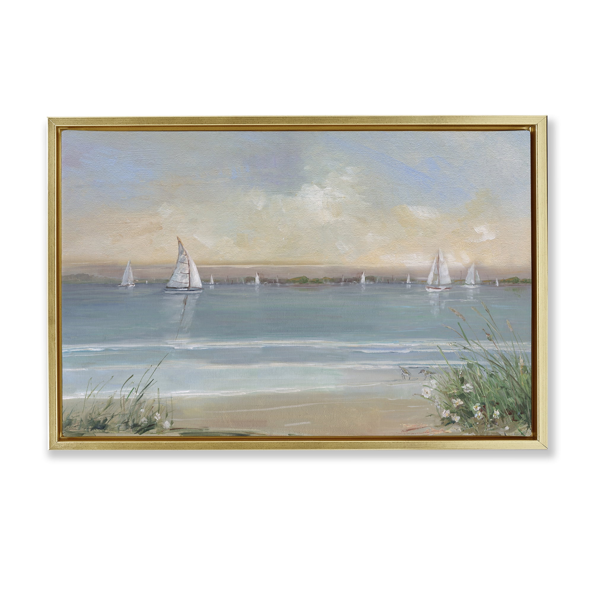 Stupell Industries Coastal Sailing At Dawn Gold Framed Floater Canvas Wall Art, design by Sally Swatland