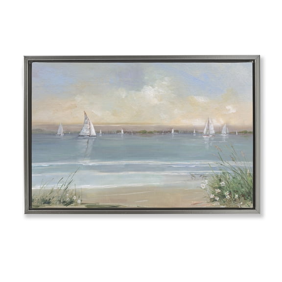 Stupell Industries Coastal Sailing At Dawn Gray Framed Floater Canvas Wall Art, design by Sally Swatland