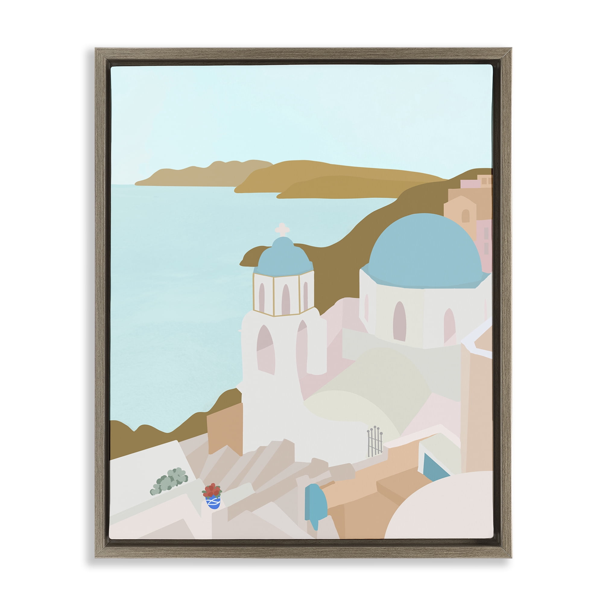 Stupell Industries Coastal Santorini Vibes Brown Framed Floater Canvas Wall Art, design by Anna Quach