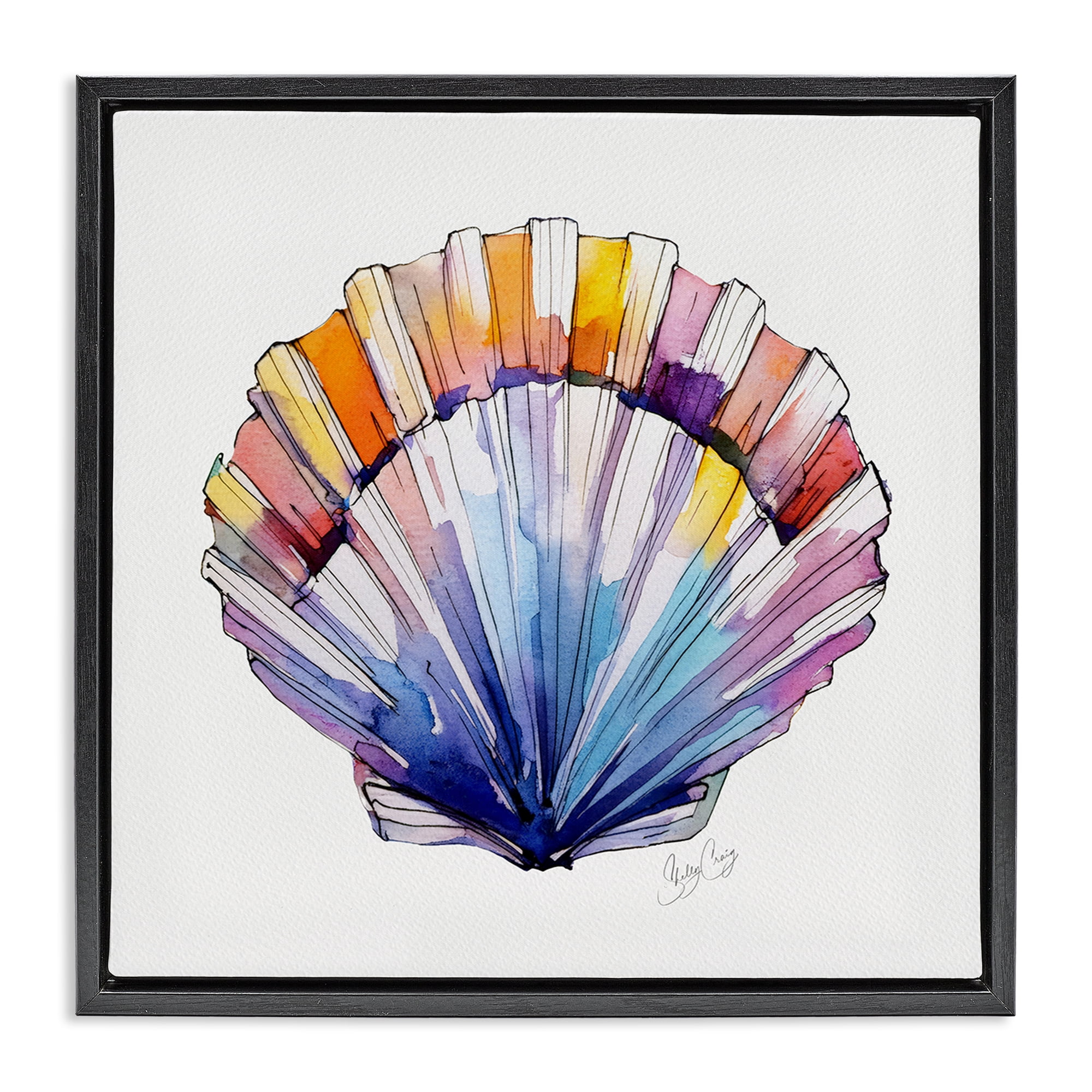 Stupell Industries Coastal Scallop Watercolor Black Framed Floater Canvas Wall Art, design by Shelly Craig