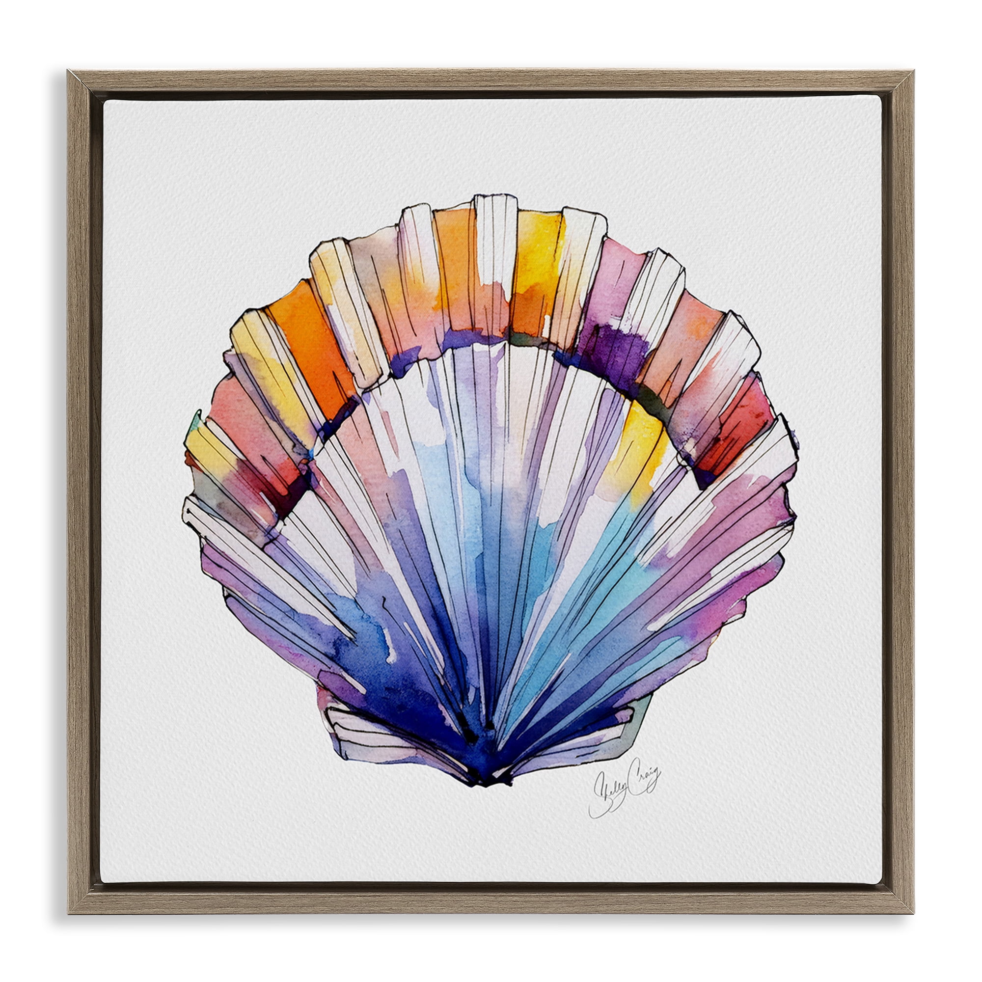 Stupell Industries Coastal Scallop Watercolor Brown Framed Floater Canvas Wall Art, design by Shelly Craig