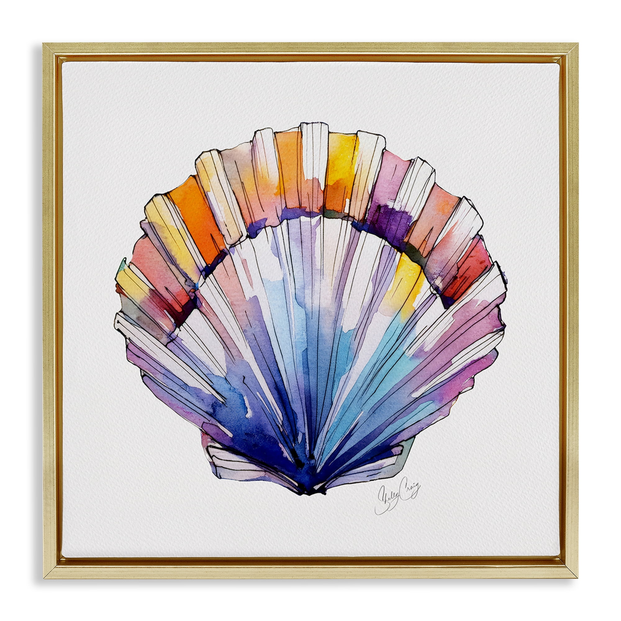 Stupell Industries Coastal Scallop Watercolor Gold Framed Floater Canvas Wall Art, design by Shelly Craig