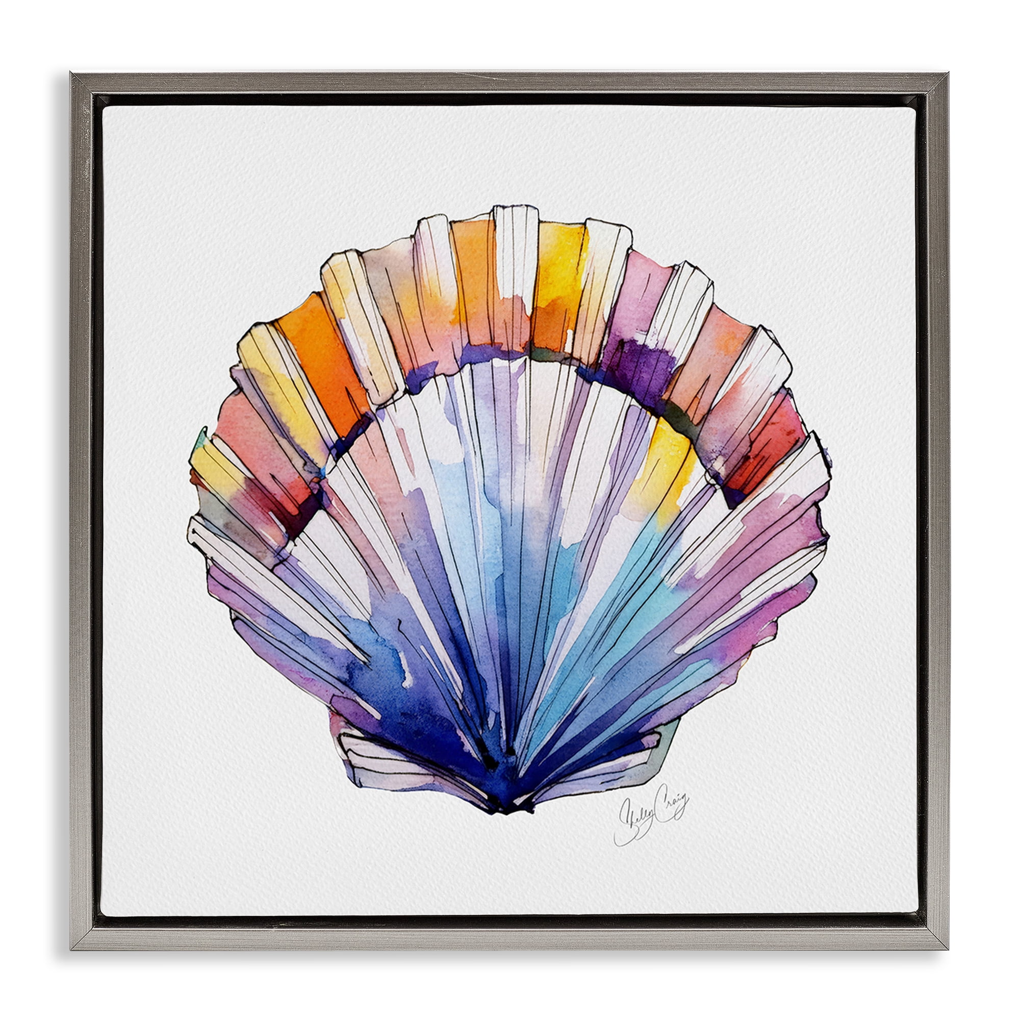 Stupell Industries Coastal Scallop Watercolor Gray Framed Floater Canvas Wall Art, design by Shelly Craig