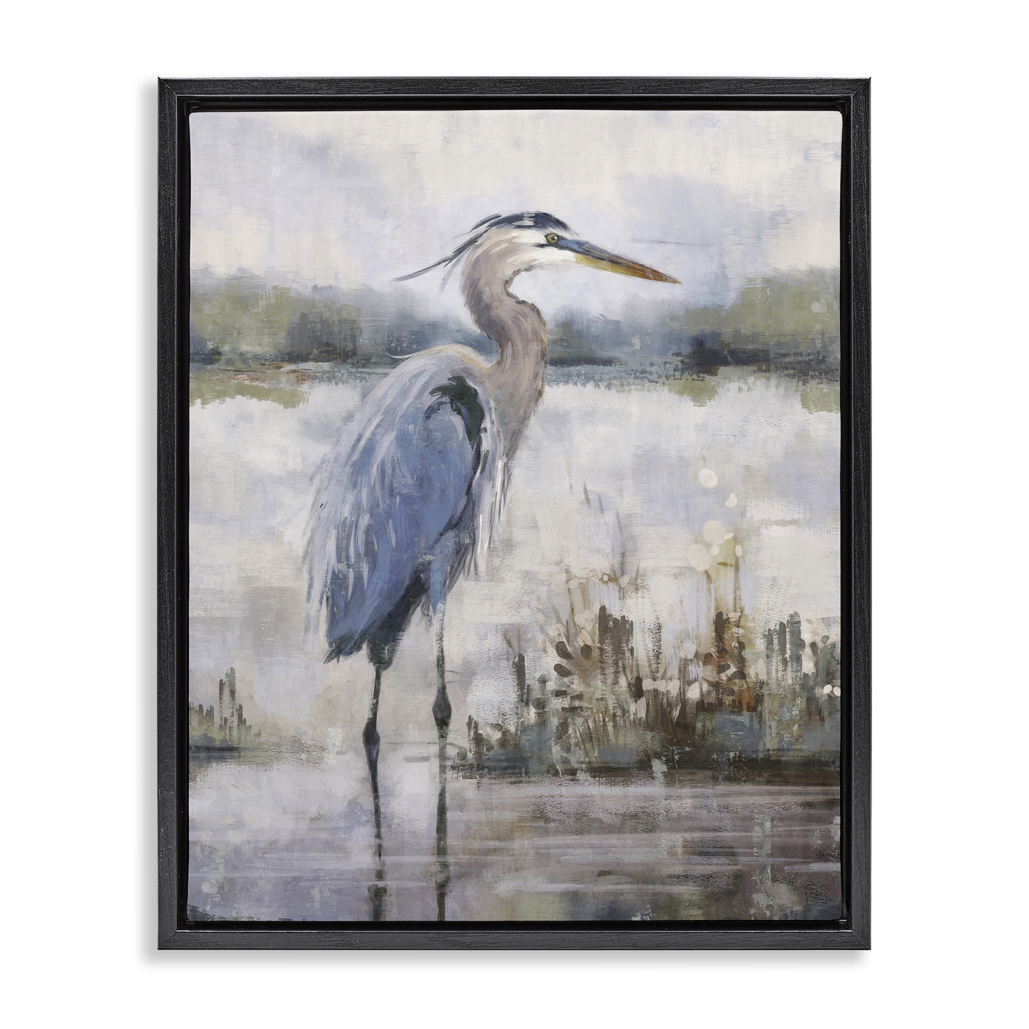 Stupell Industries Coastal Sea Heron Landscape & Nature Painting Black Floater Framed Canvas Art Print Wall Art, 17 x 21