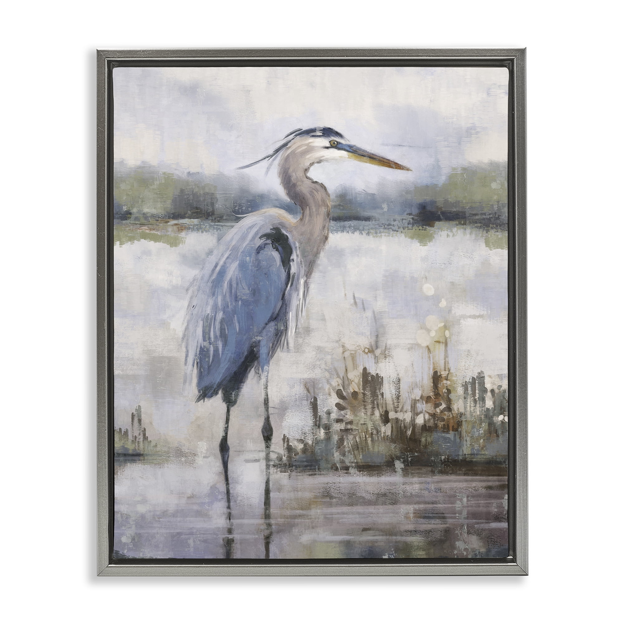 Stupell Industries Coastal Sea Heron Landscape & Nature Painting Gray Floater Framed Canvas Art Print Wall Art, 17 x 21