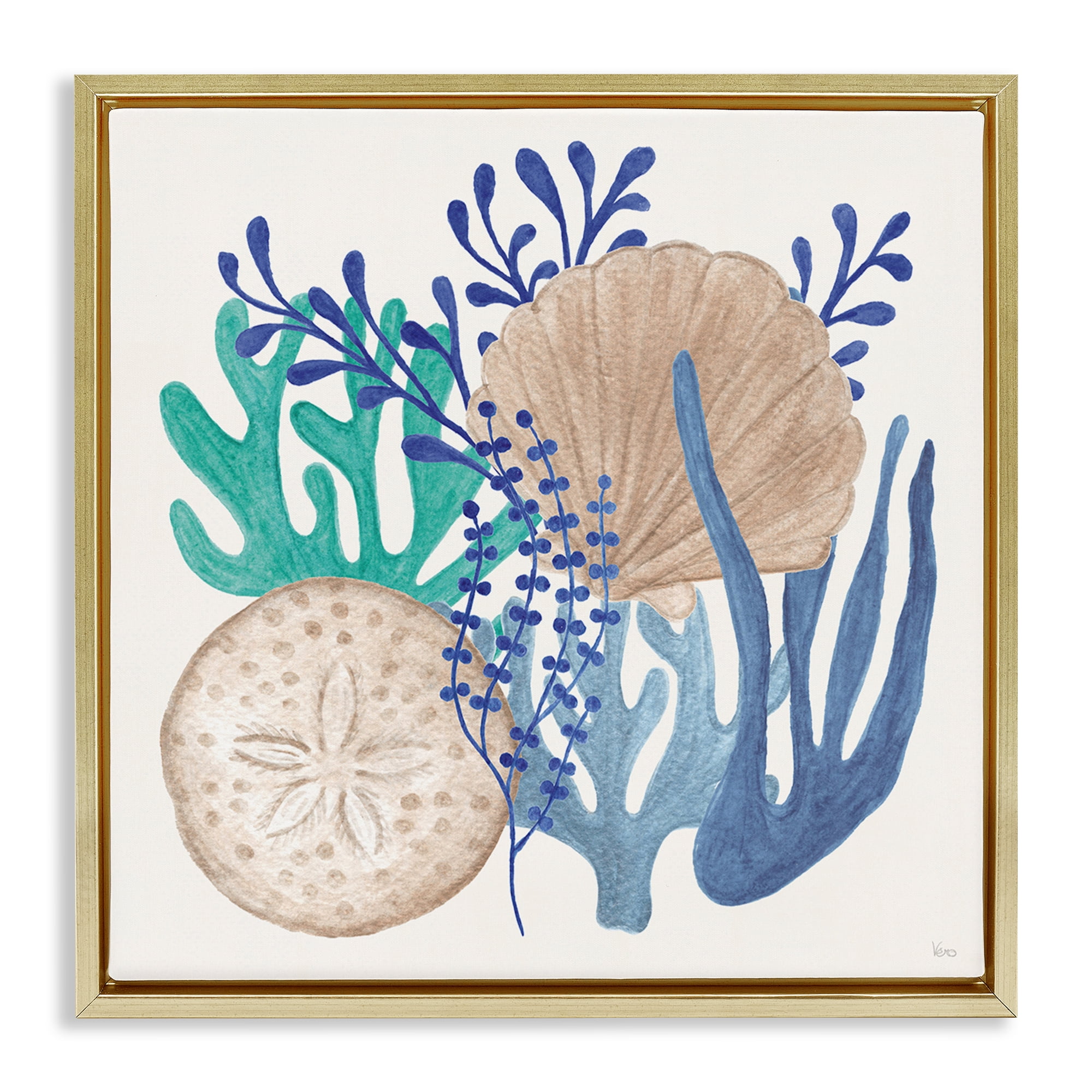 Stupell Industries Coastal Sea Life Nautical & Beach Painting Gold Floater Framed Canvas Art Print Wall Art, 18 x 18