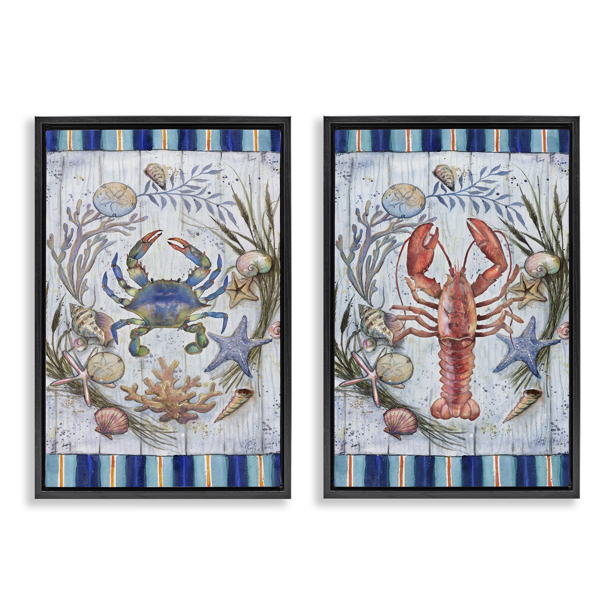 Stupell Industries Coastal Sea Life Stripes Nautical & Beach Painting Black Floater Framed Canvas Art Print Wall Art, 21 x 31, Set of 2