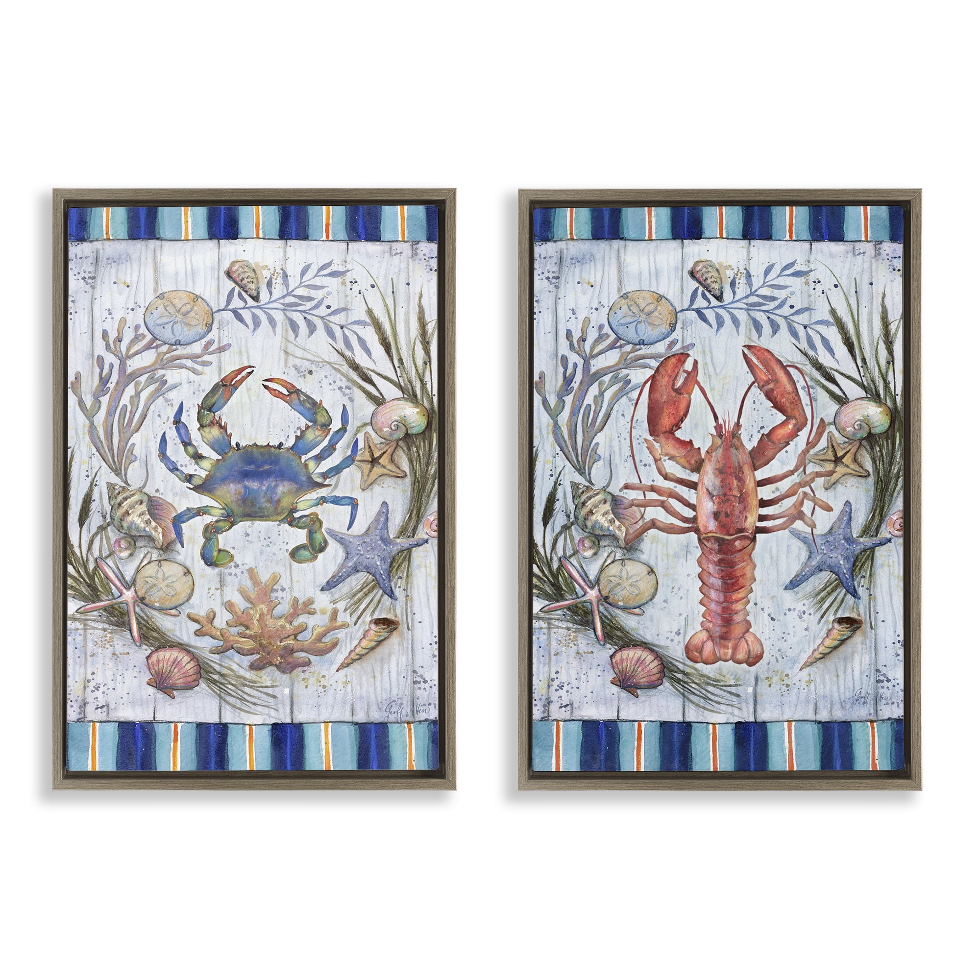 Stupell Industries Coastal Sea Life Stripes Nautical & Beach Painting Brown Floater Framed Canvas Art Print Wall Art, 17 x 25, Set of 2