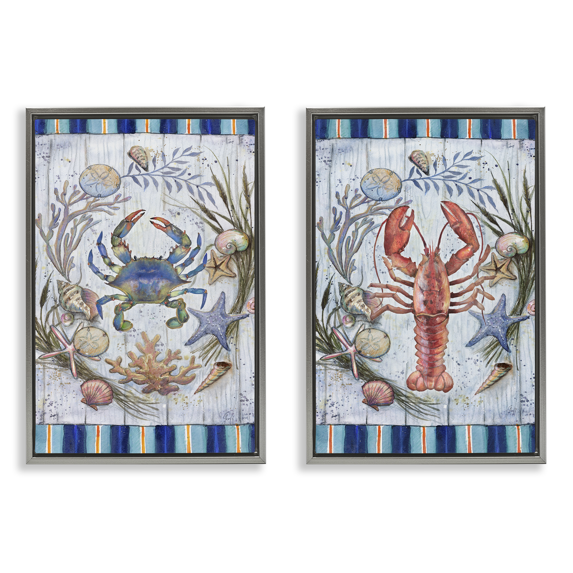 Stupell Industries Coastal Sea Life Stripes Nautical & Beach Painting Gray Floater Framed Canvas Art Print Wall Art, 17 x 25, Set of 2