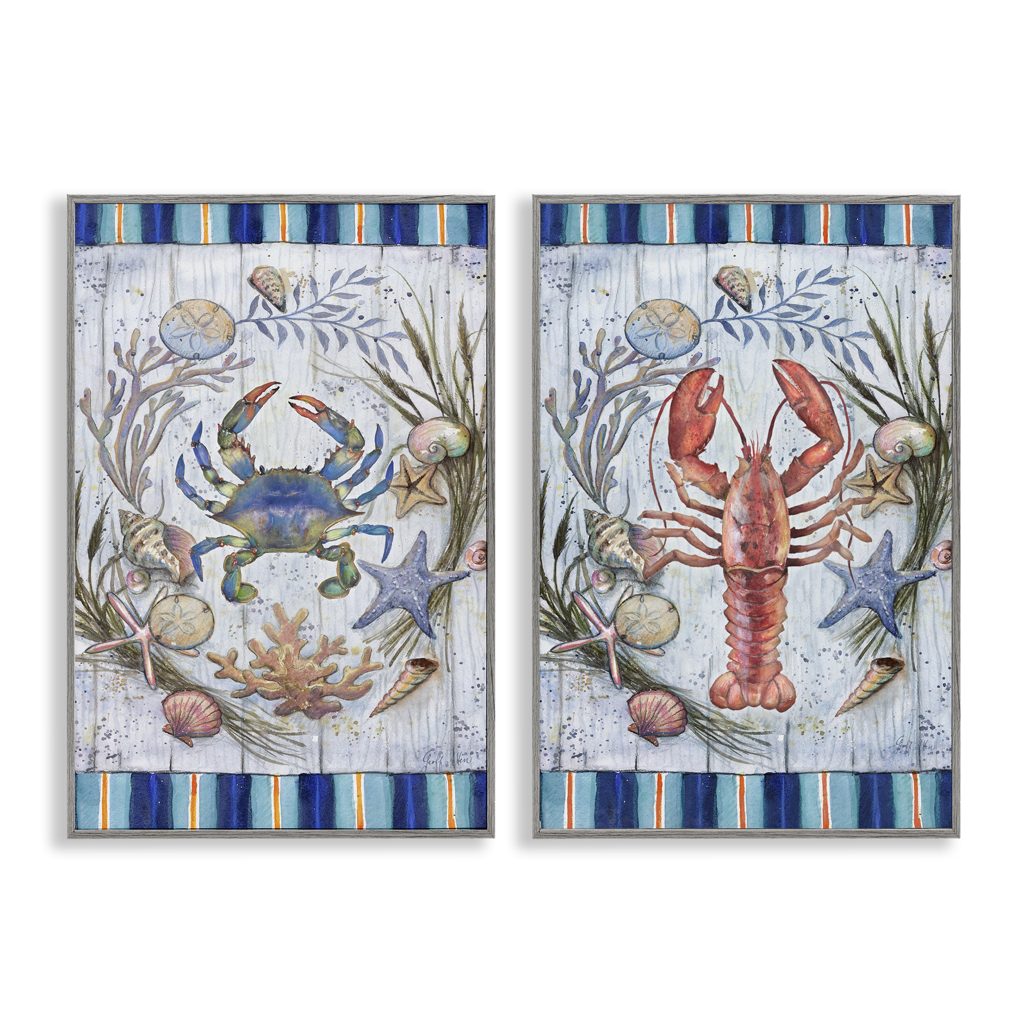 Stupell Industries Coastal Sea Life Stripes Nautical & Beach Painting Gray Framed Art Print Wall Art, 12 x 18, Set of 2