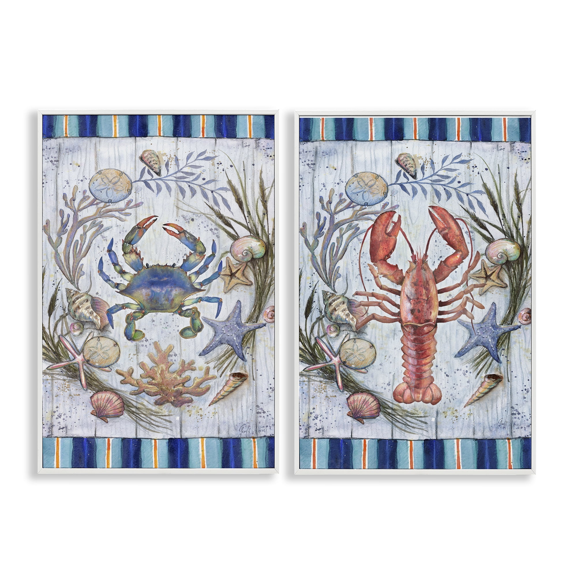 Stupell Industries Coastal Sea Life Stripes Nautical & Beach Painting White Framed Art Print Wall Art, 16 x 24, Set of 2