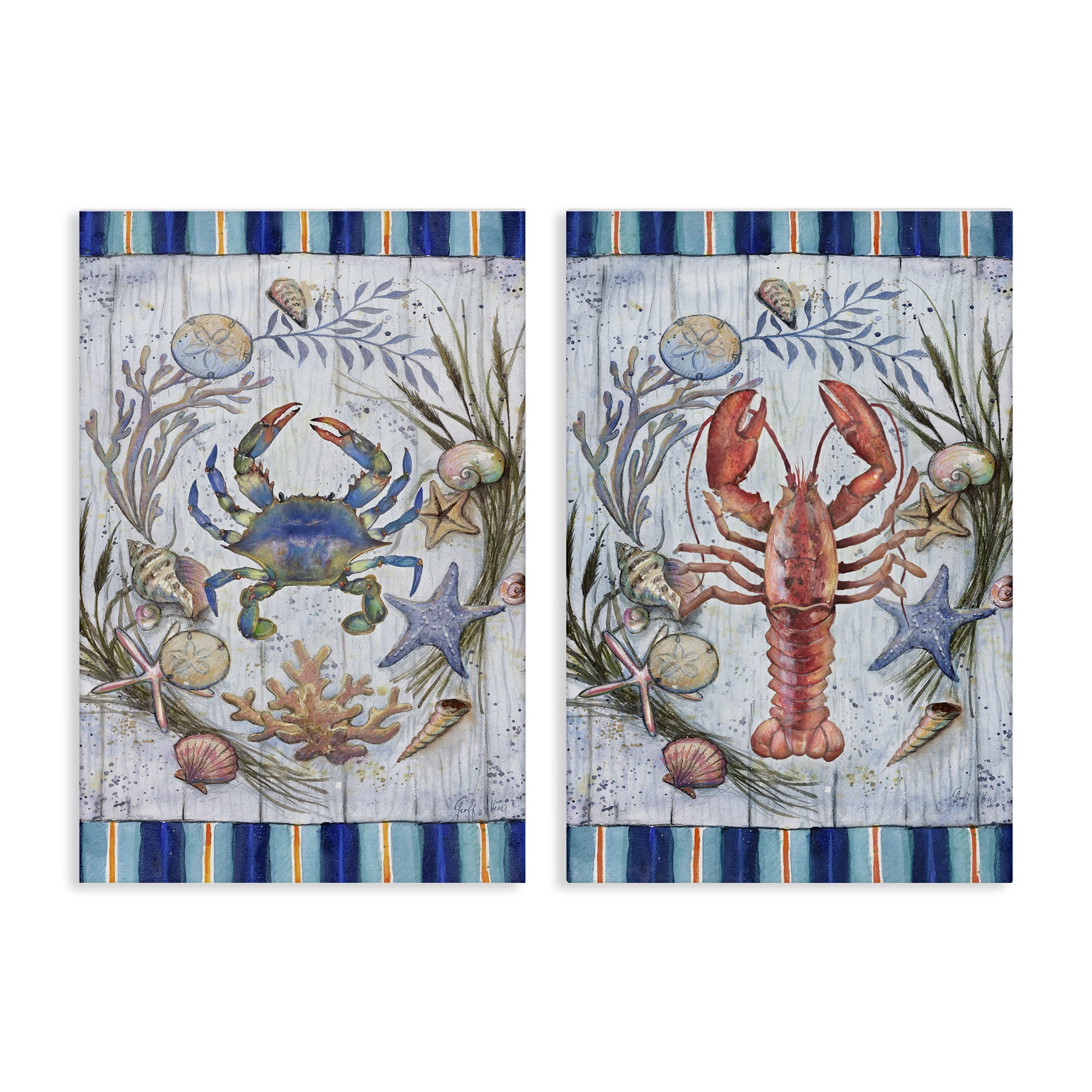 Stupell Industries Coastal Sea Life Stripes Nautical & Beach Painting Wrapped Canvas Art Print Wall Art, 16 x 24, Set of 2