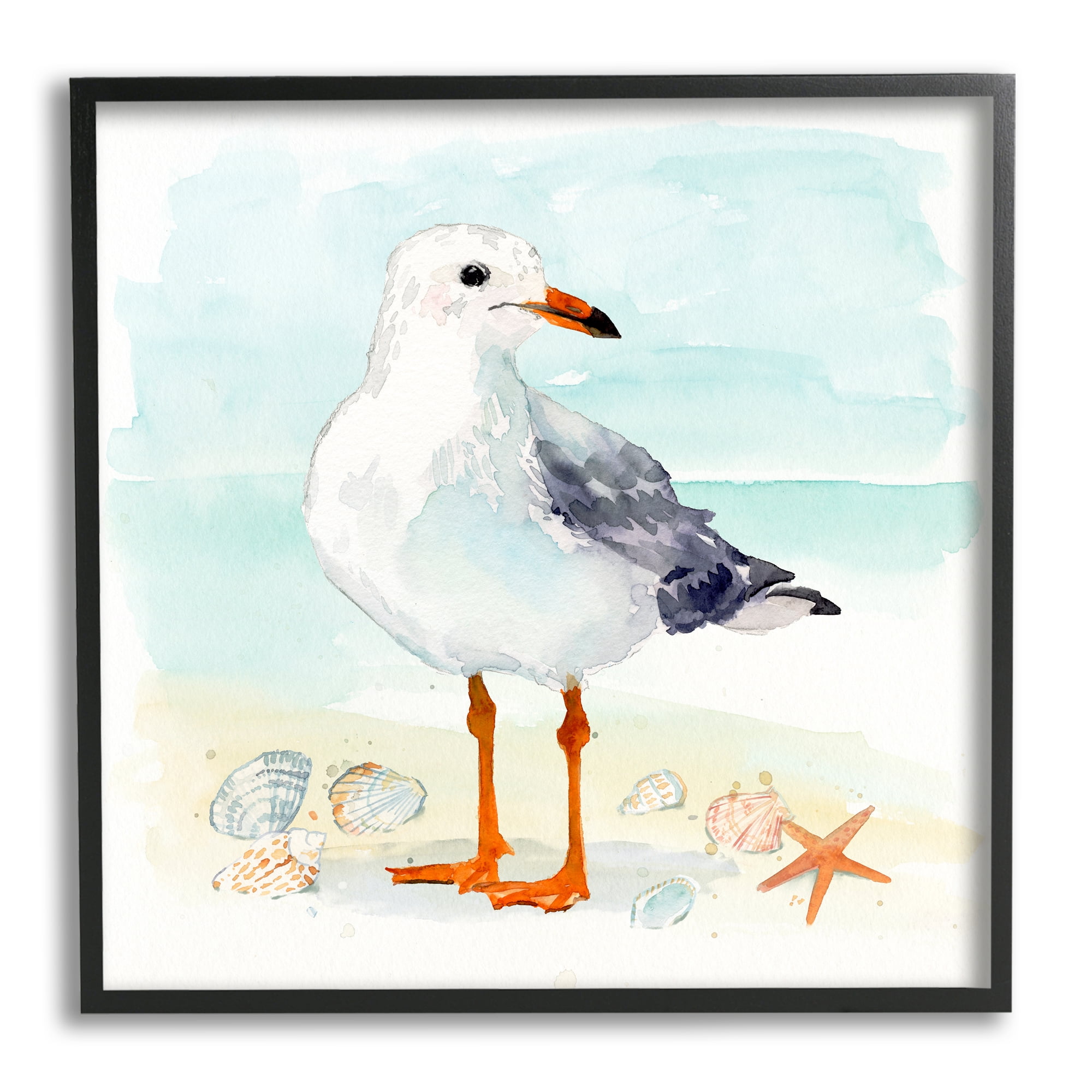 Stupell Industries Coastal Seagull & Shells Animals & Insects Painting Black Framed Art Print Wall Art, 12 x 12