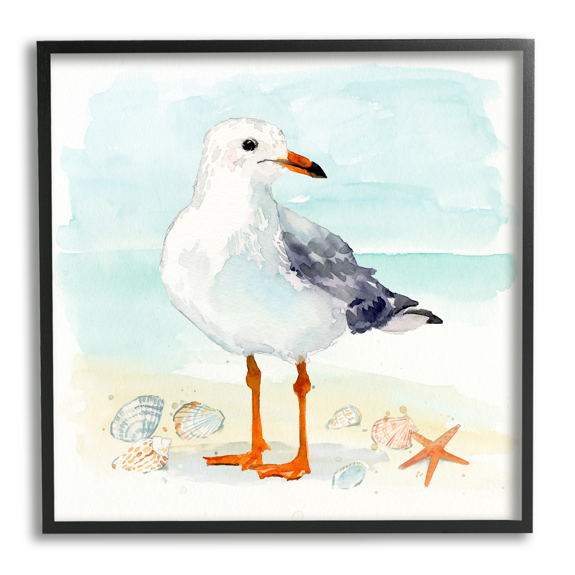 Stupell Industries Coastal Seagull & Shells Animals & Insects Painting Black Framed Art Print Wall Art, 24 x 24