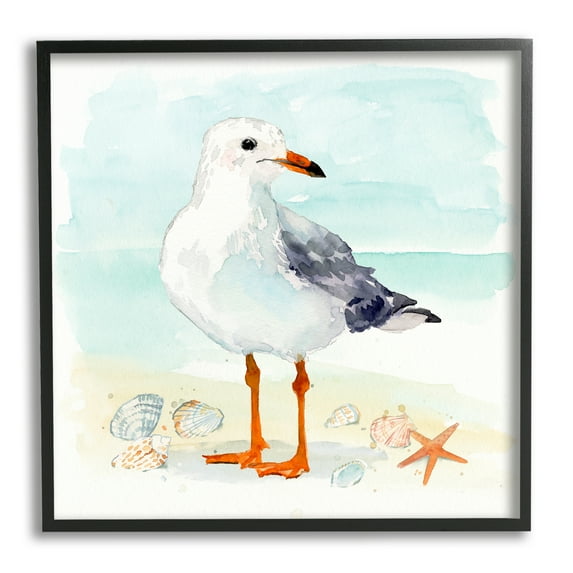 Stupell Industries Coastal Seagull & Shells Animals & Insects Painting Black Framed Art Print Wall Art, 24 x 24