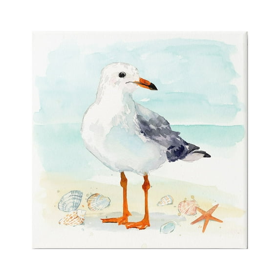 Stupell Industries Coastal Seagull & Shells Animals & Insects Painting Gallery Wrapped Canvas Art Print Wall Art, 17 x 17