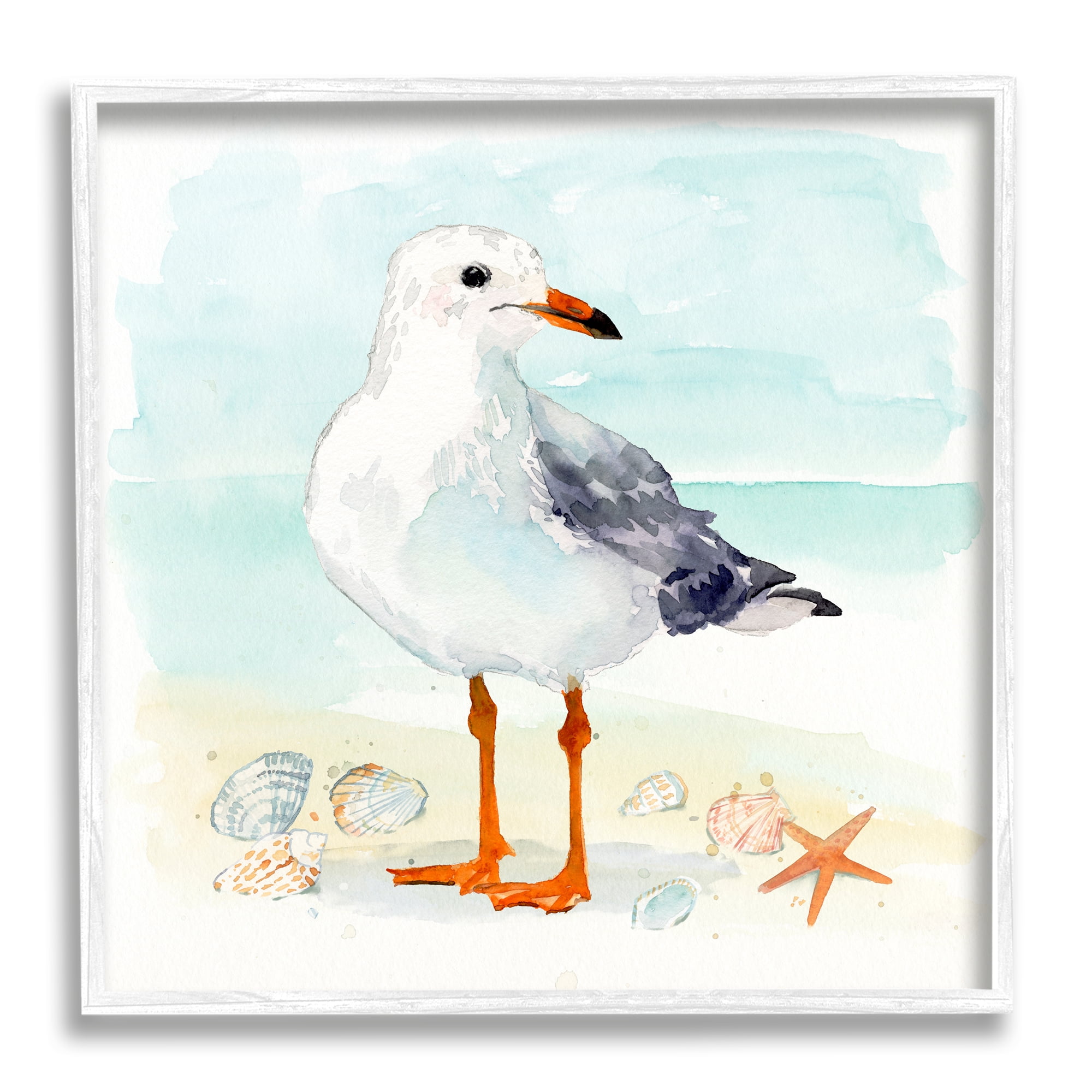 Stupell Industries Coastal Seagull & Shells Animals & Insects Painting White Framed Art Print Wall Art, 24 x 24