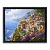 Stupell Industries Coastal Seaside Village View Cityscapes Painting Black Floater Framed Canvas Art Print Wall Art, 21 x 17