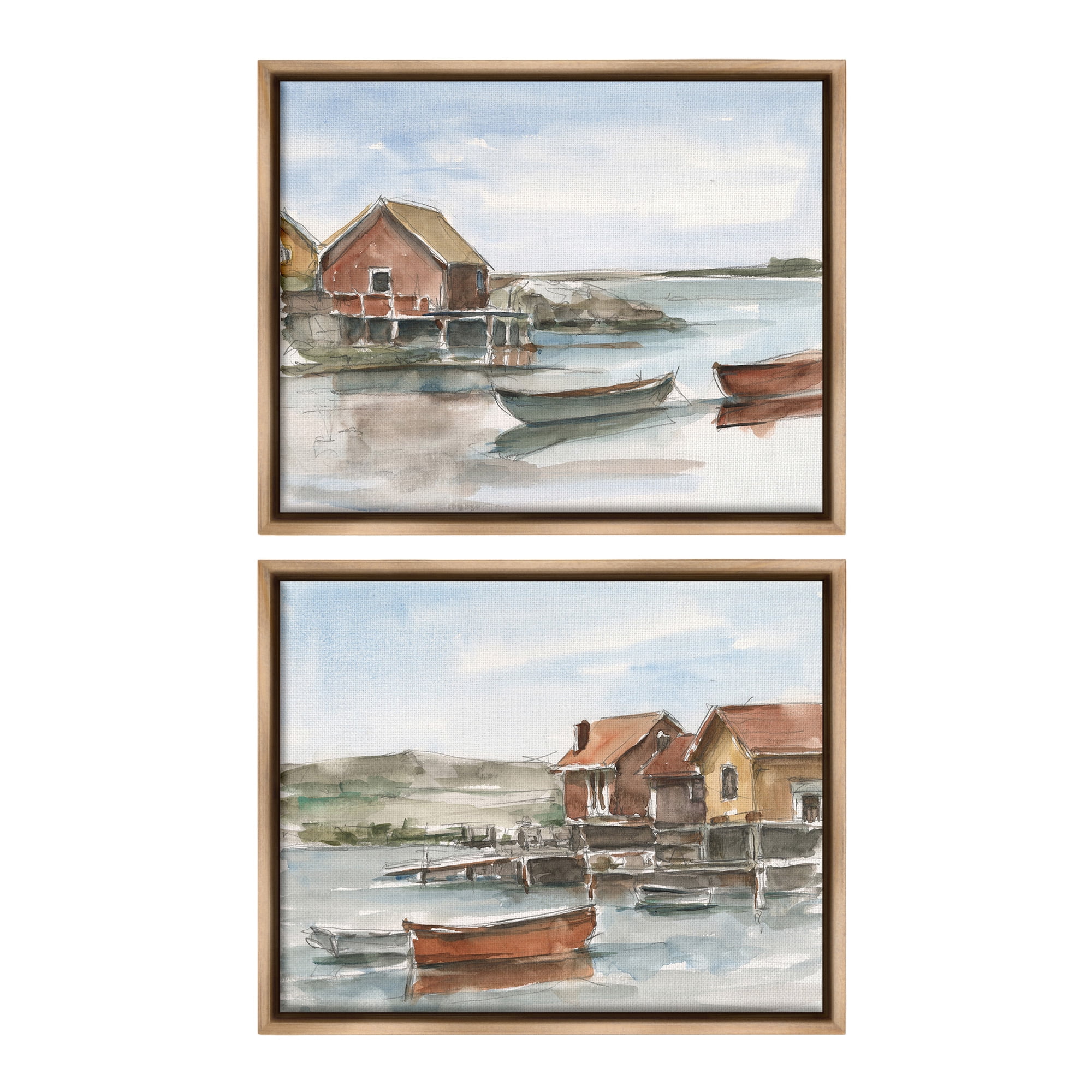 Stupell Industries Coastal Shack Landscape Landscape Painting Brown Floater Framed Canvas Art Print Wall Art, 21 x 17, Set of 2