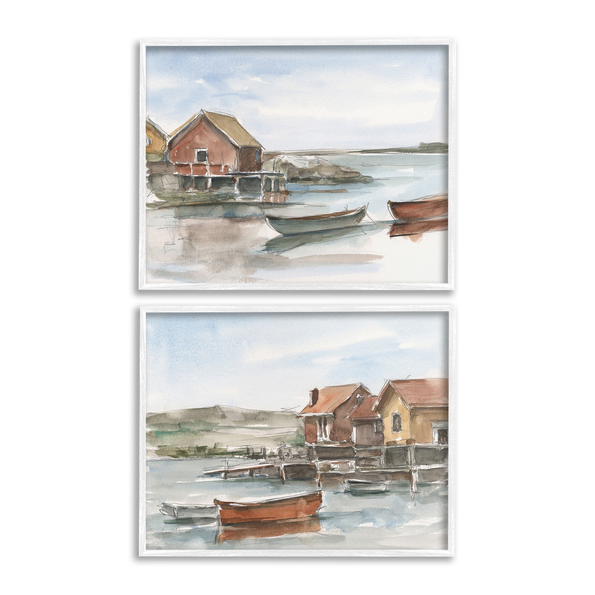 Stupell Industries Coastal Shack Landscape Landscape Painting White Framed Art Print Wall Art, 30 x 24, Set of 2