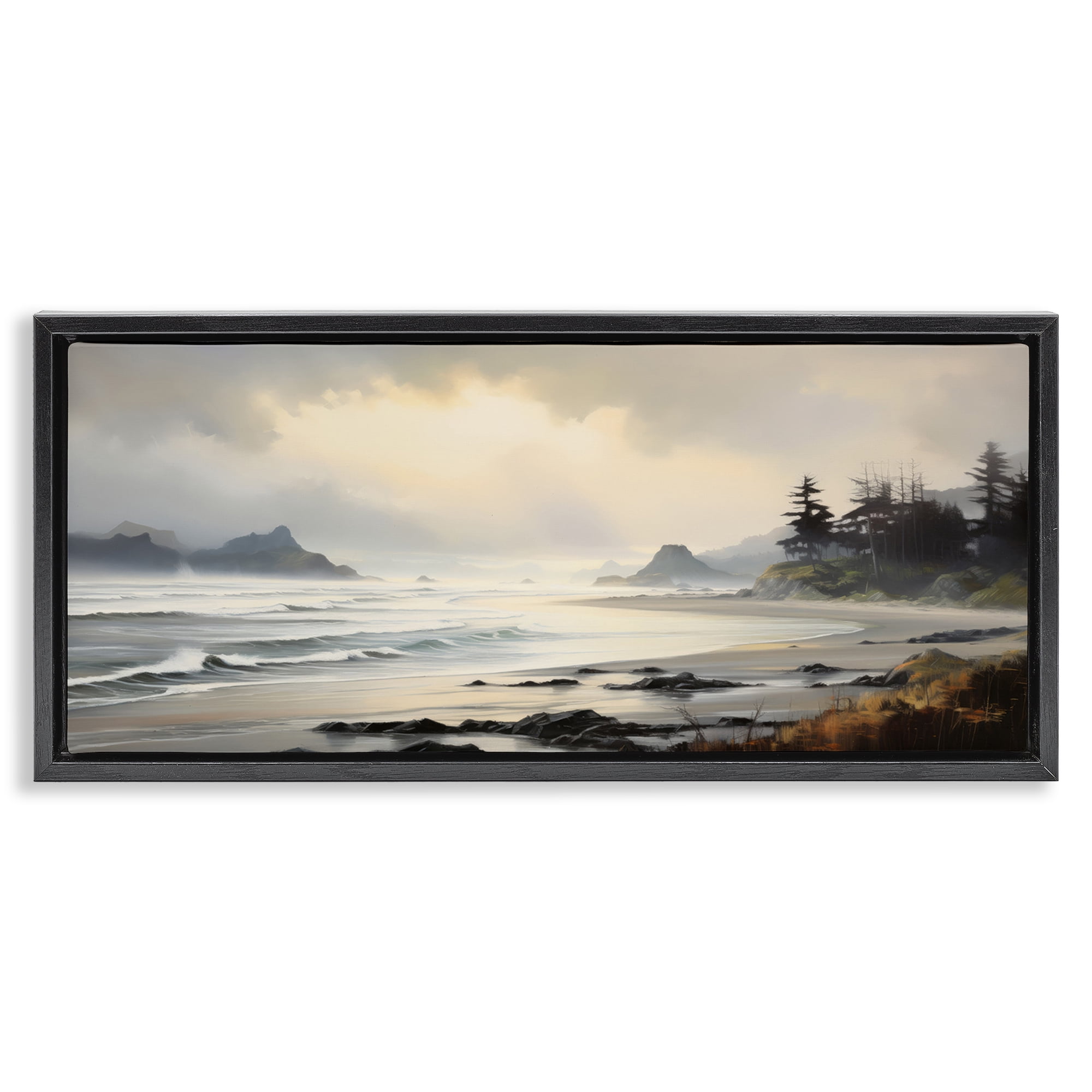 Stupell Industries Coastal Shore Inlet Coastal Painting Black Floater Framed Art Print Wall Art, 25 x 11